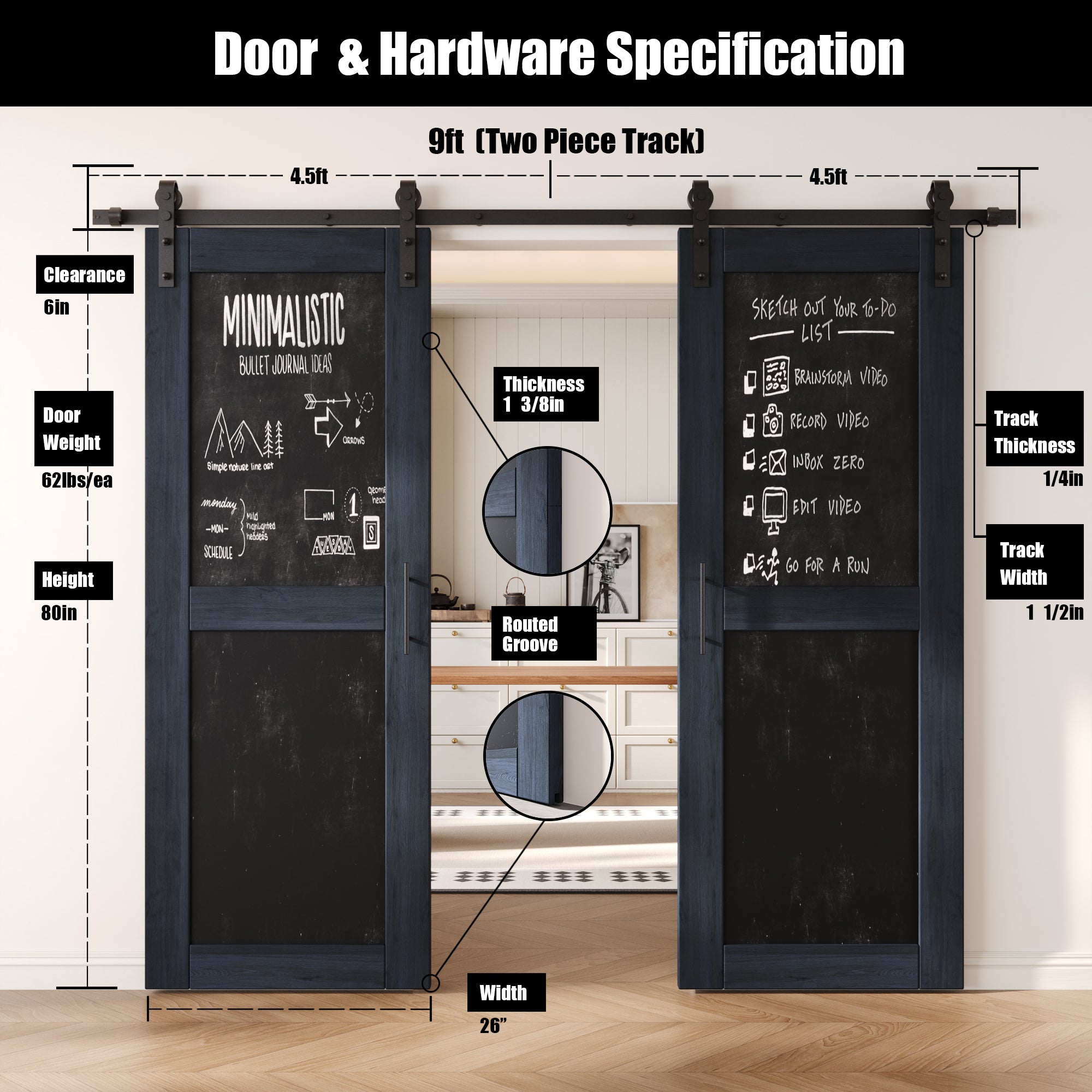 80" Height Navy Chalkboard Design Double Unassembled & Finished Pine Wood Barn Doors with Non-Bypass Installation Hardware Kit (Interior Use Only)