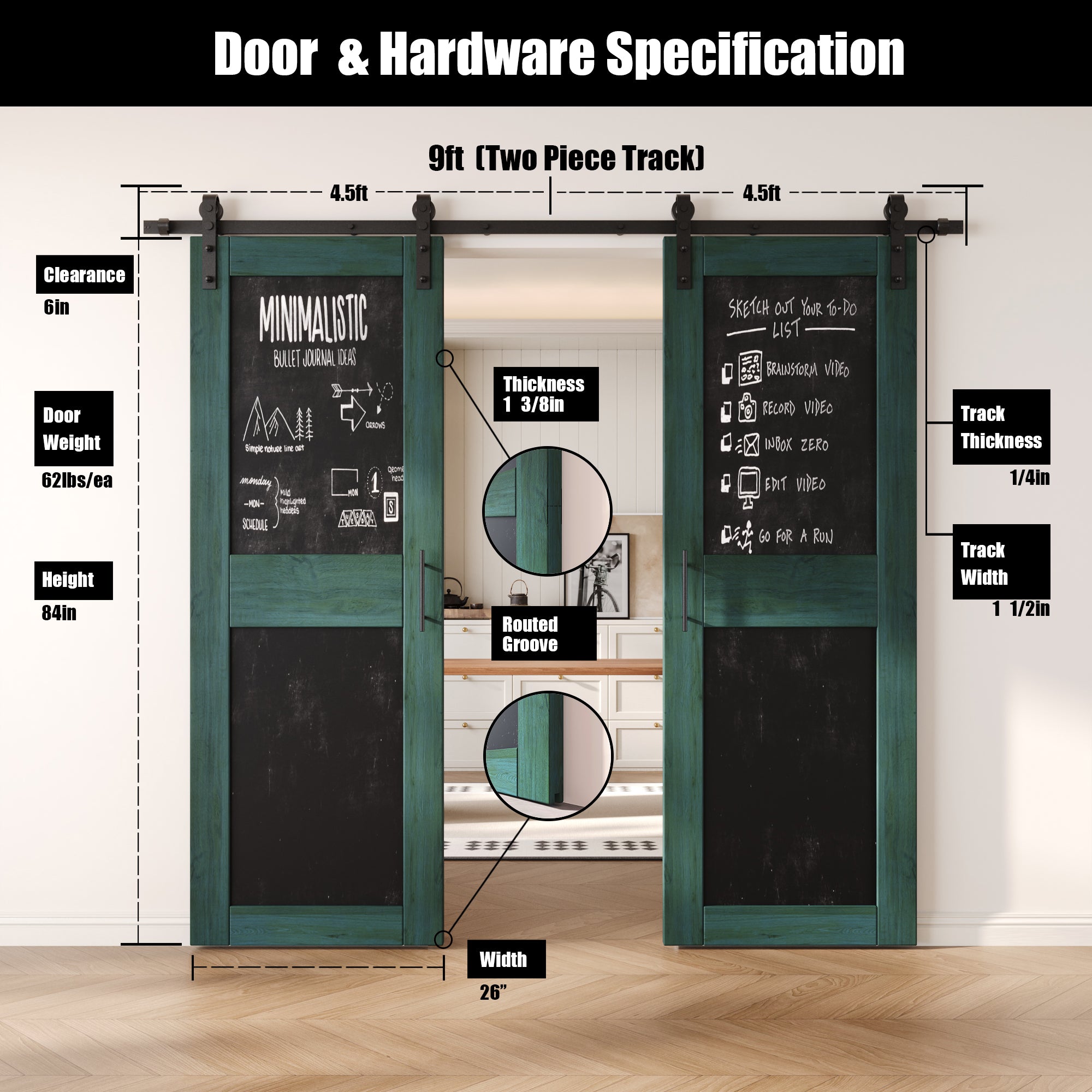 84" Height Royal Pine Chalkboard Design Double Unassembled & Finished Pine Wood Barn Doors with Non-Bypass Installation Hardware Kit (Interior Use Only)