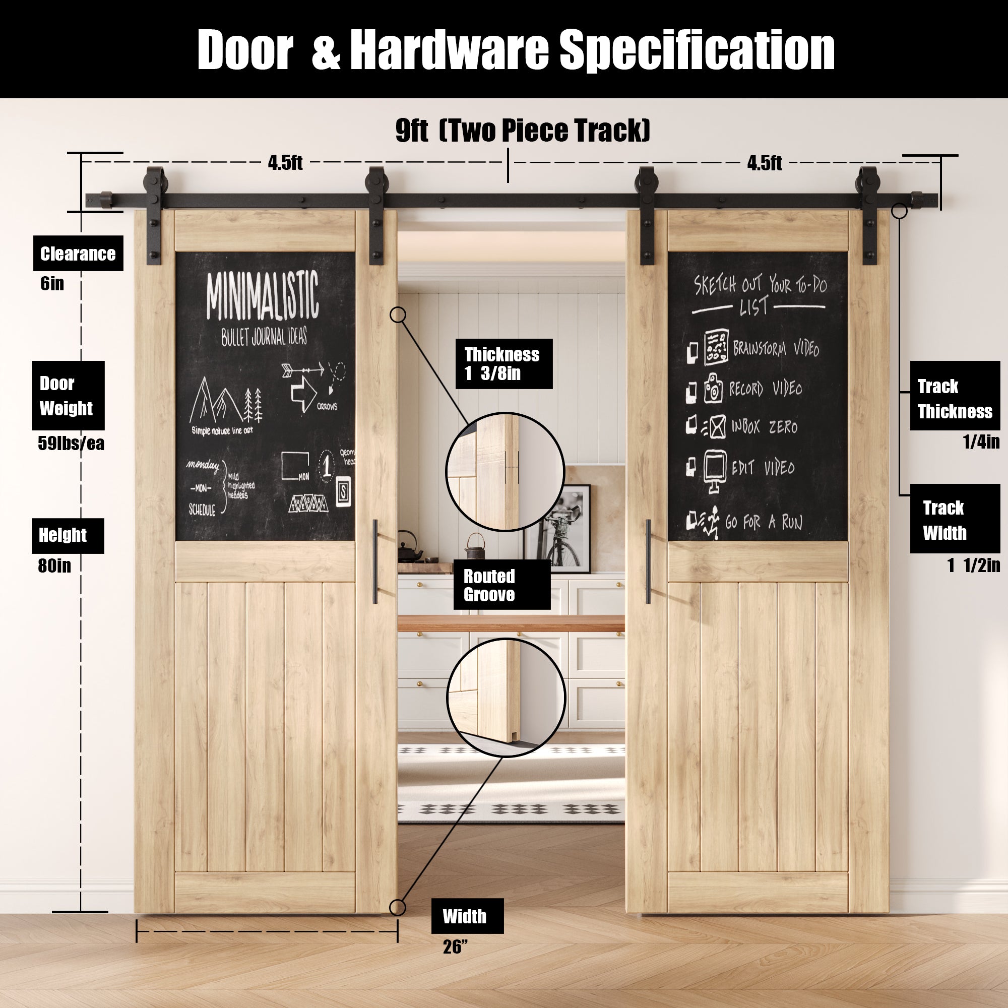 80" Height Top Chalkboard Panel Double Unassembled & Unfinished Pine Wood Barn Doors with Non-Bypass Installation Hardware Kit (Interior Use Only)