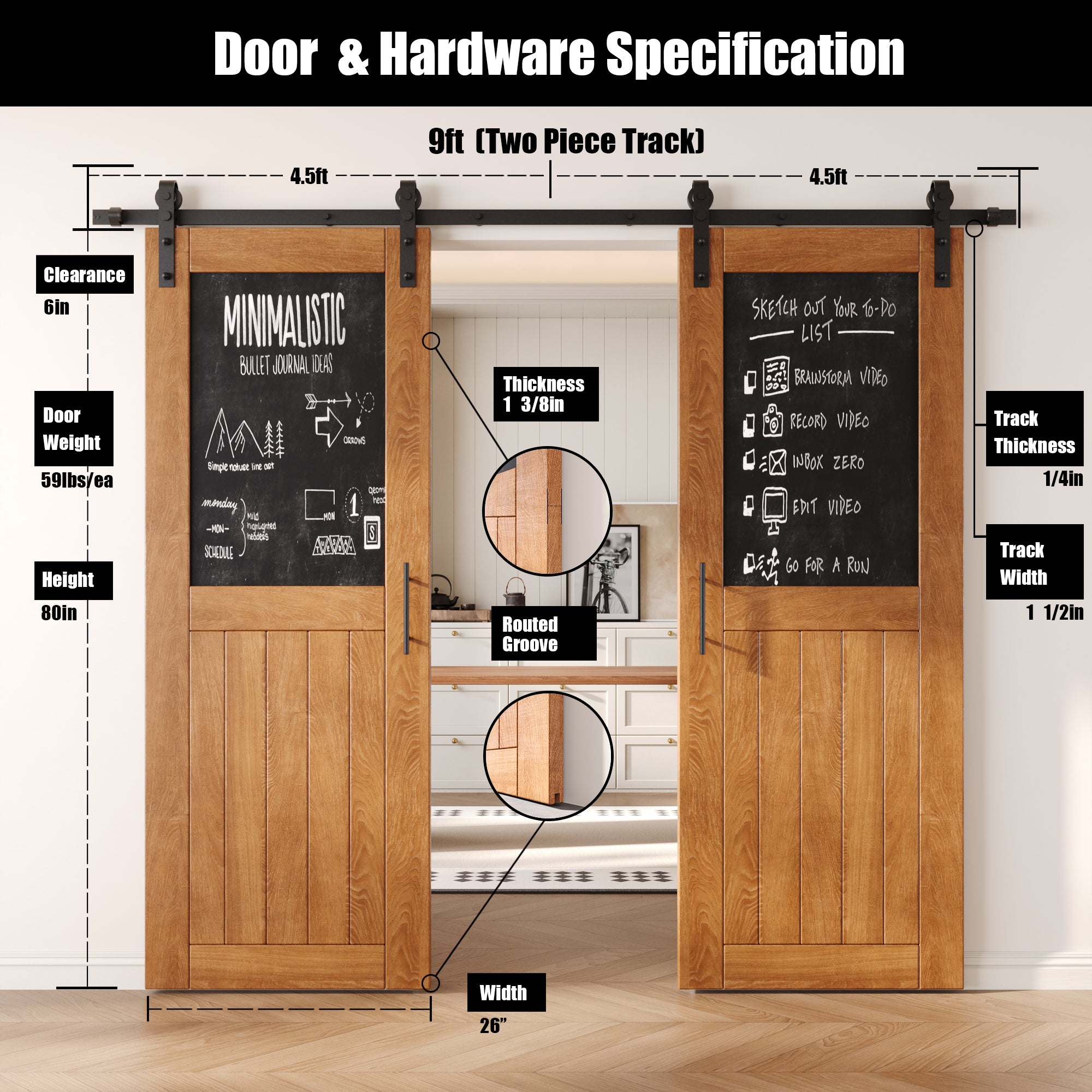 80" Height Early American Top Chalkboard Panel Double Unassembled & Finished Pine Wood Barn Doors with Non-Bypass Installation Hardware Kit (Interior Use Only)