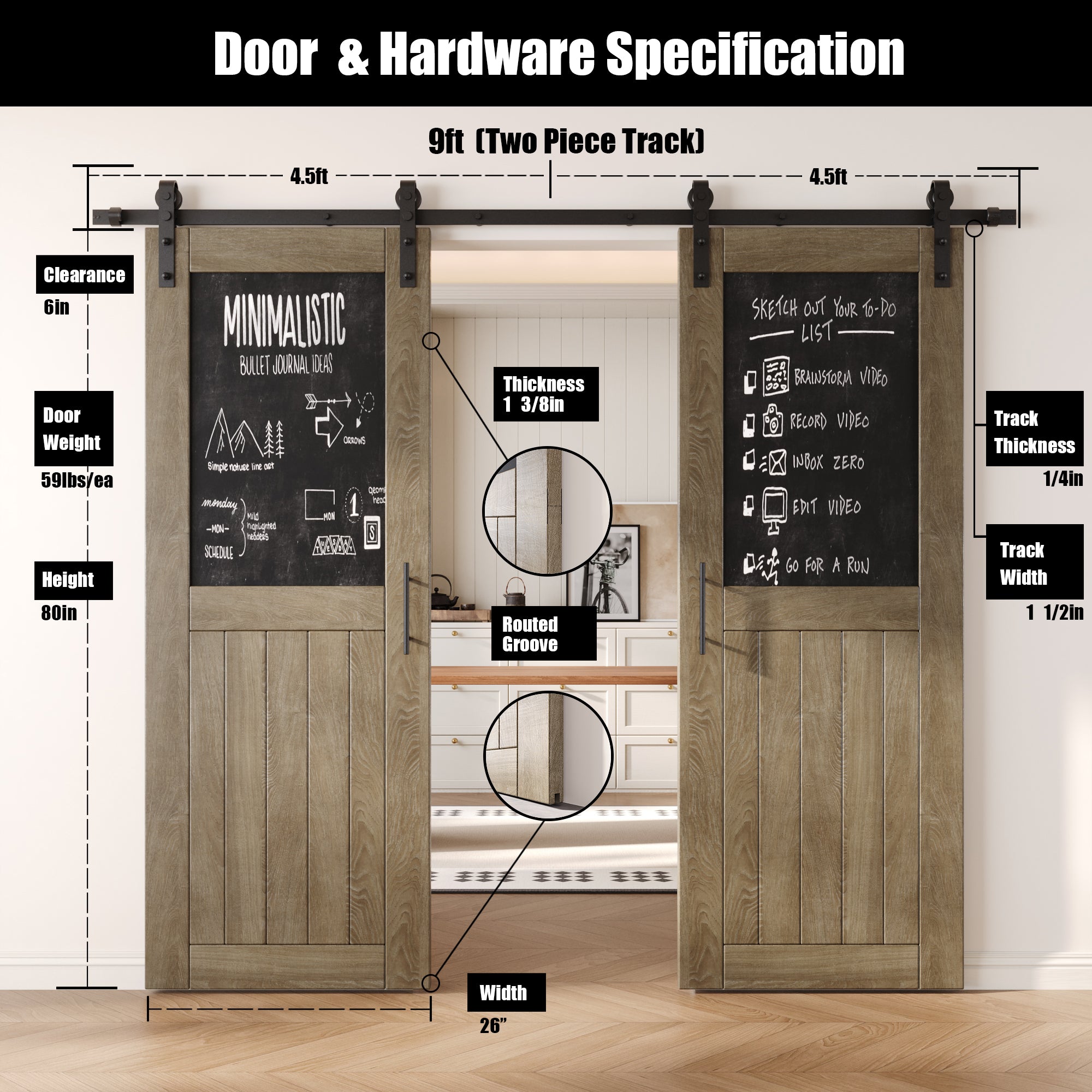 80" Height Classic Gray Top Chalkboard Panel Double Unassembled & Finished Pine Wood Barn Doors with Non-Bypass Installation Hardware Kit (Interior Use Only)
