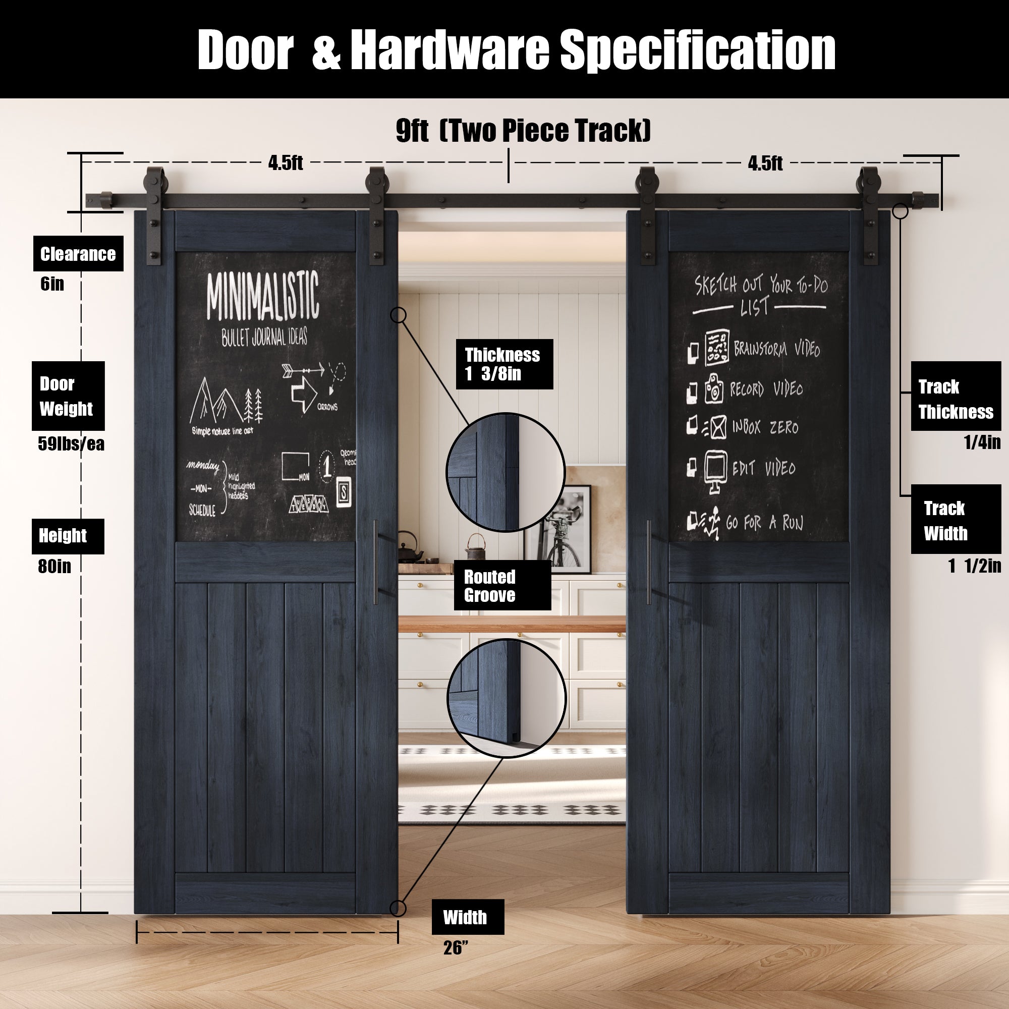 80" Height Navy Top Chalkboard Panel Double Unassembled & Finished Pine Wood Barn Doors with Non-Bypass Installation Hardware Kit (Interior Use Only)