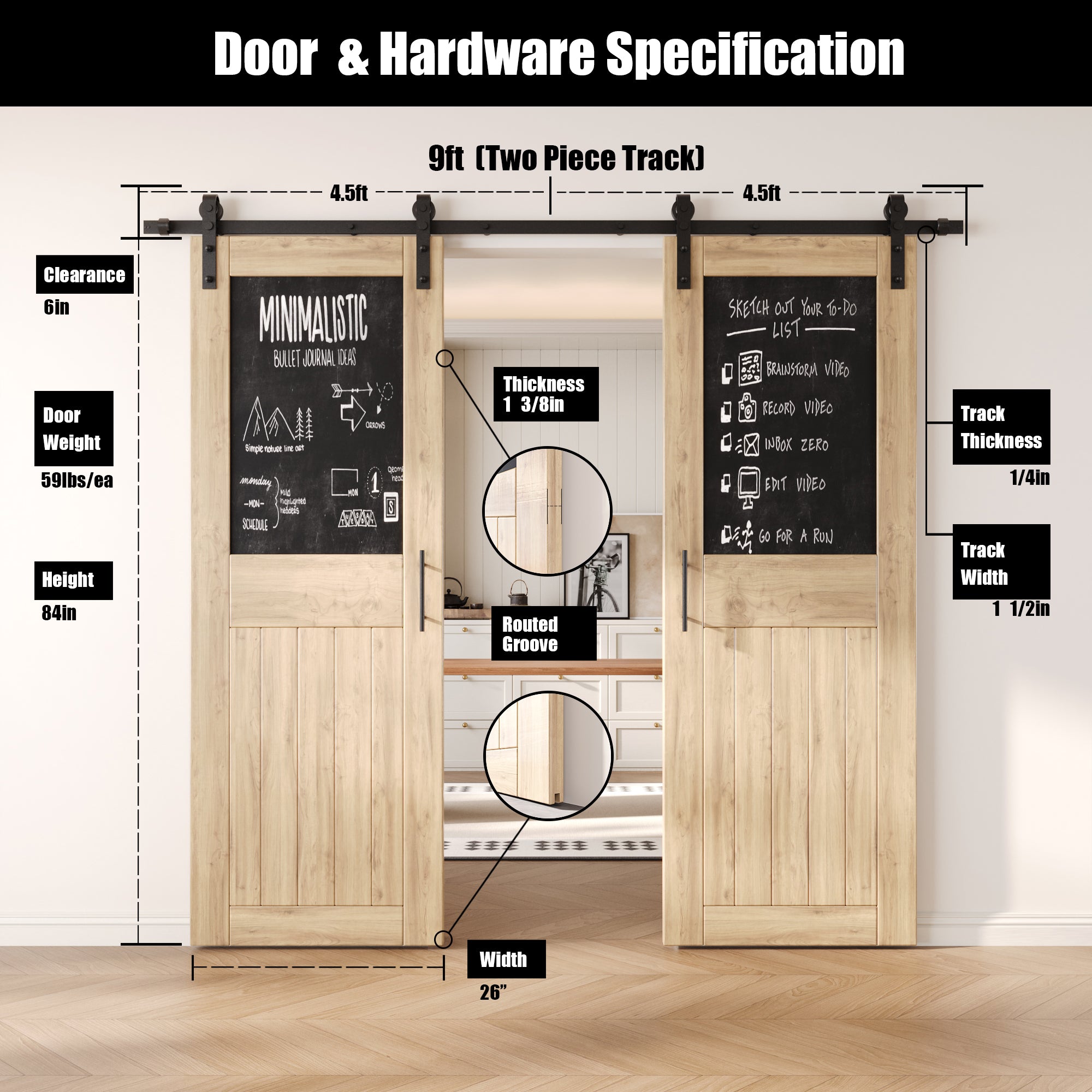 84" Height Top Chalkboard Panel Double Unassembled & Unfinished Pine Wood Barn Doors with Non-Bypass Installation Hardware Kit (Interior Use Only)