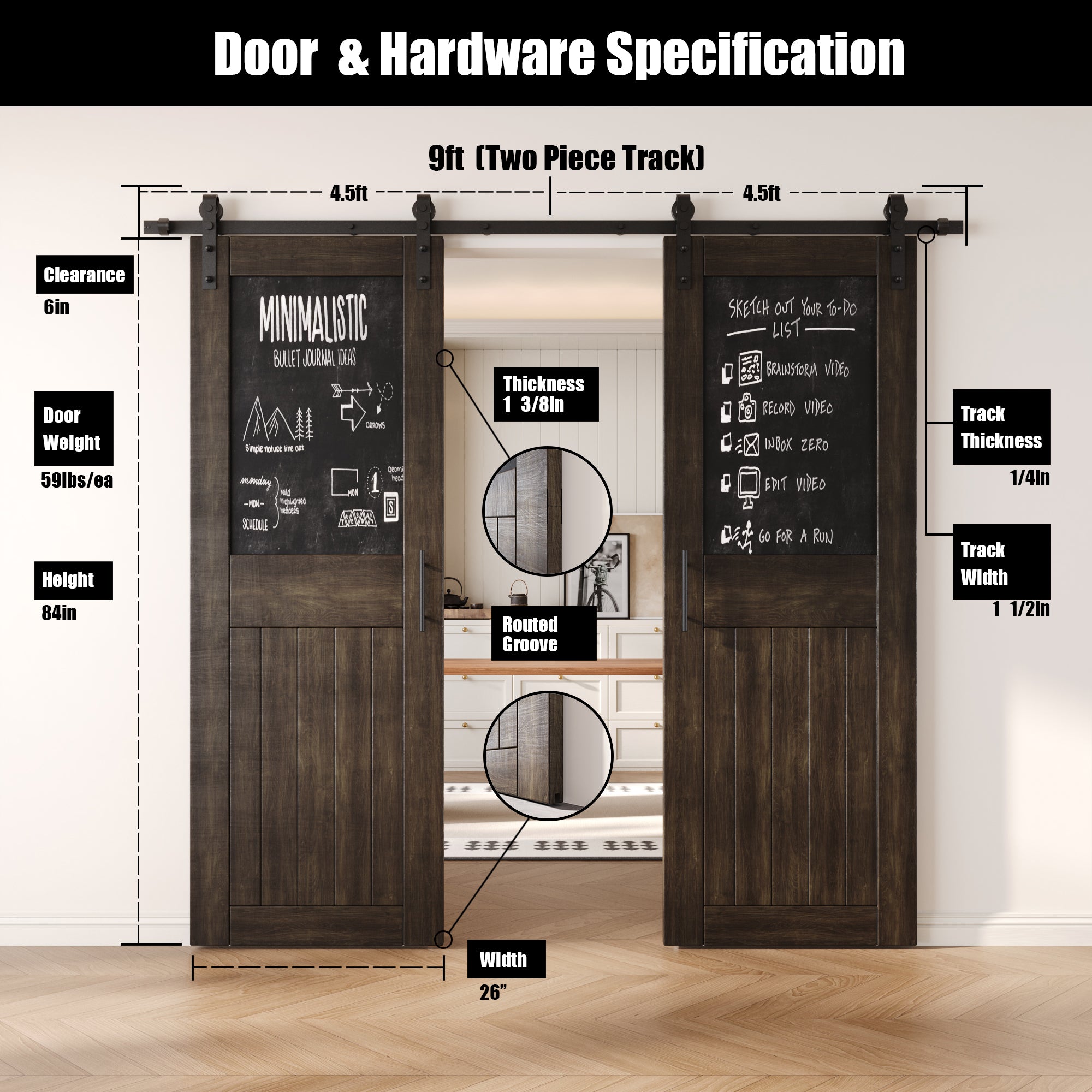 84" Height Ebony Top Chalkboard Panel Double Unassembled & Finished Pine Wood Barn Doors with Non-Bypass Installation Hardware Kit (Interior Use Only)