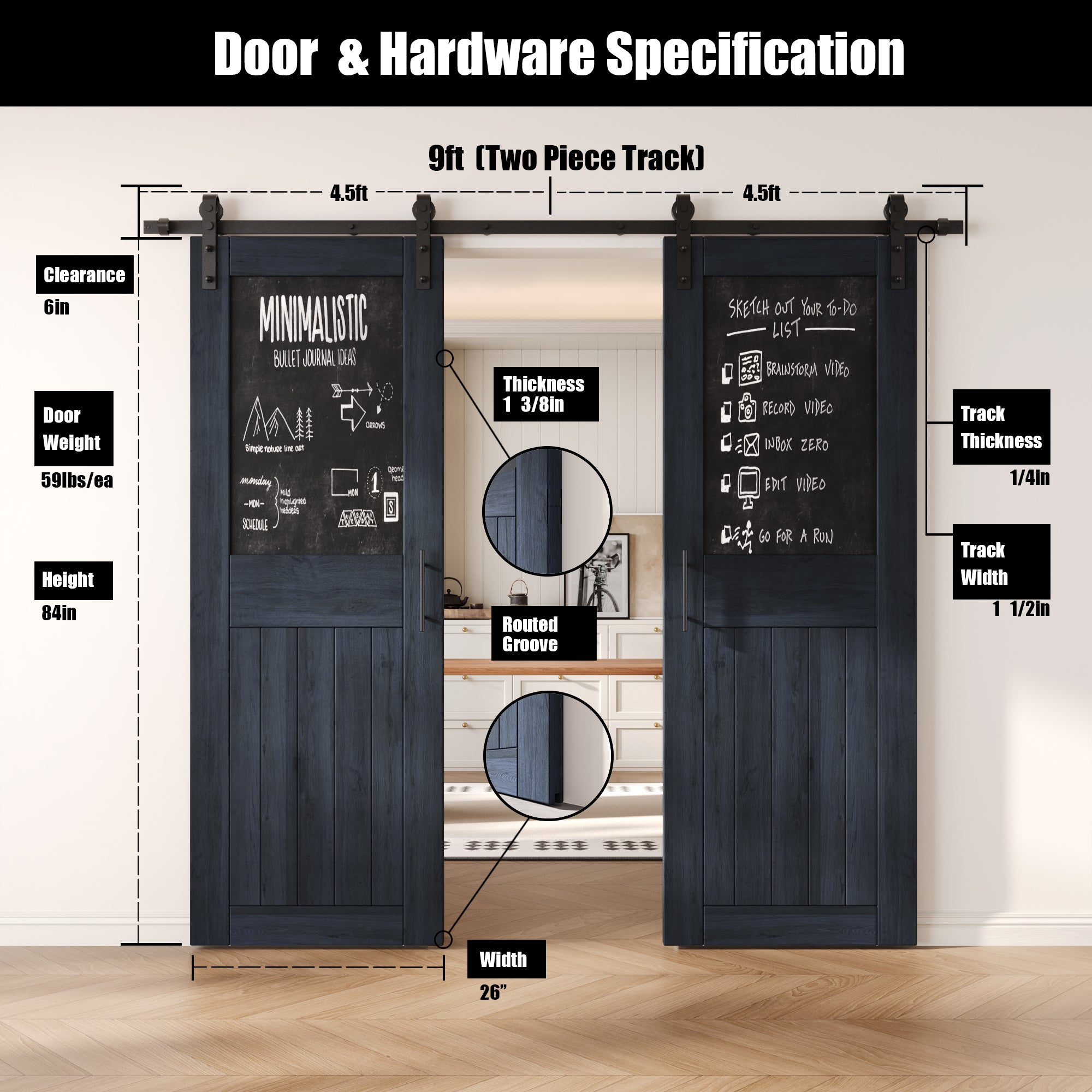 84" Height Navy Top Chalkboard Panel Double Unassembled & Finished Pine Wood Barn Doors with Non-Bypass Installation Hardware Kit (Interior Use Only)