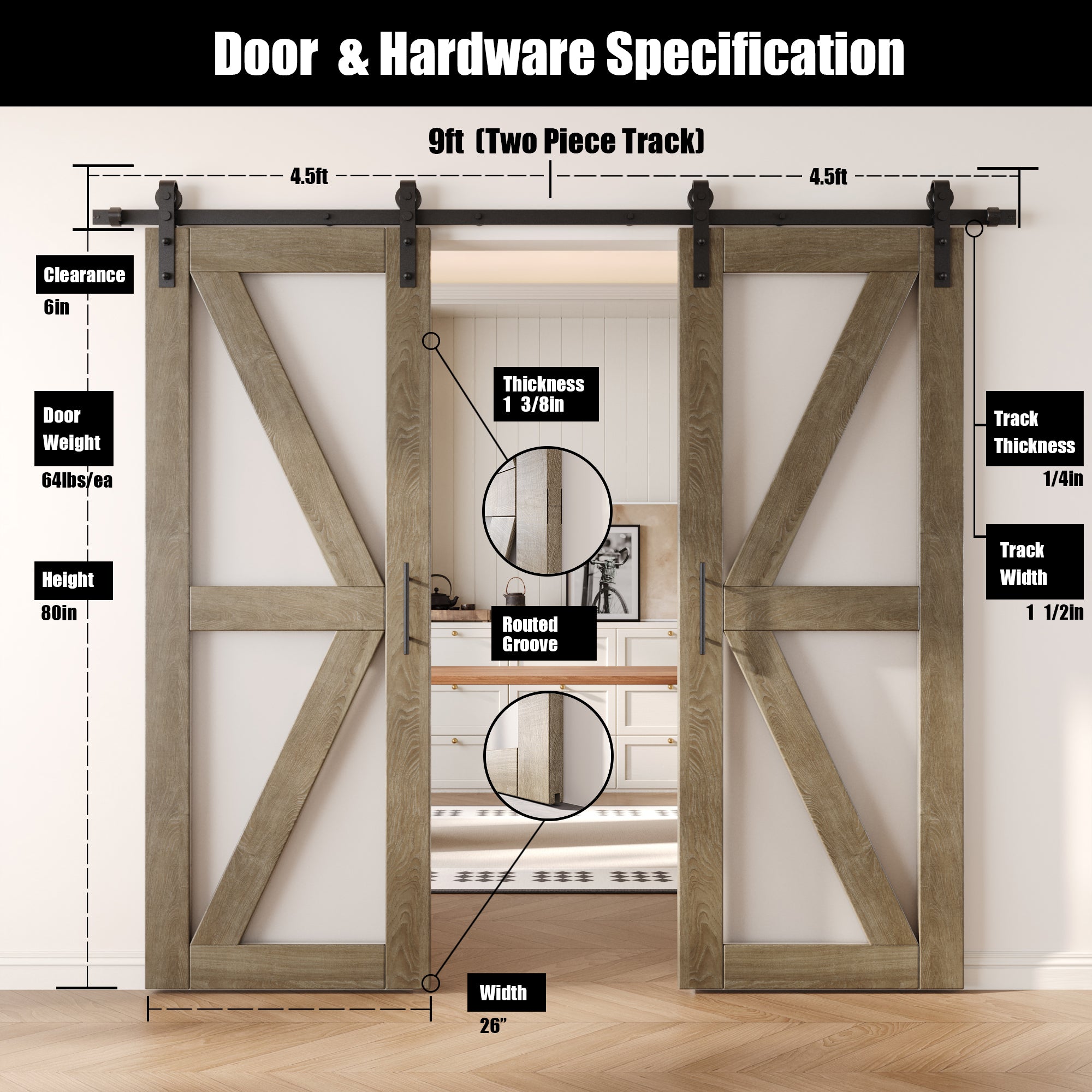 80" Height Classic Gray Arrow Pattern Glass Double Unassembled & Finished Pine Wood Barn Doors with Non-Bypass Installation Hardware Kit (Interior Use Only)