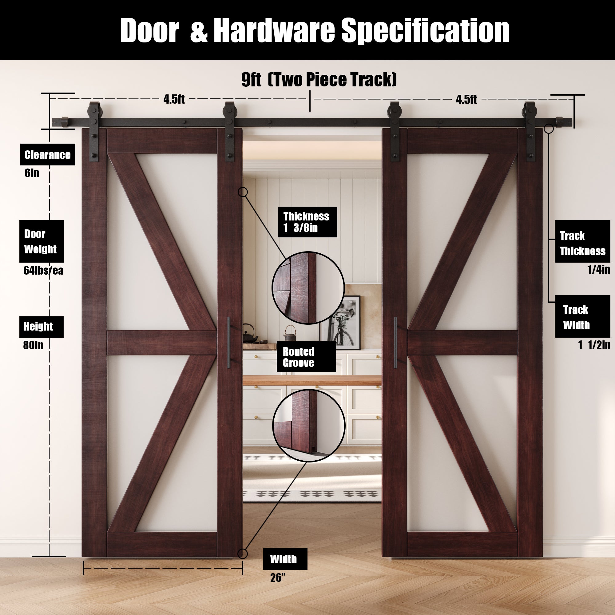 80" Height Red Mahogany Arrow Pattern Glass Double Unassembled & Finished Pine Wood Barn Doors with Non-Bypass Installation Hardware Kit (Interior Use Only)