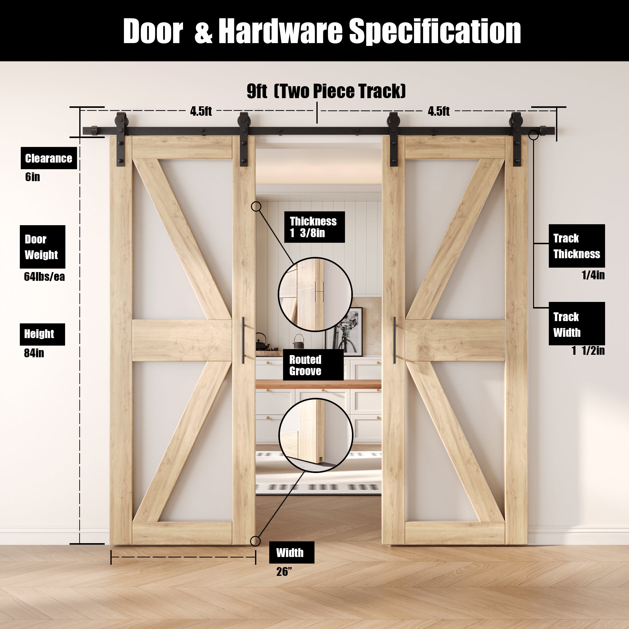 84" Height Arrow Pattern Glass Double Unassembled & Unfinished Pine Wood Barn Doors with Non-Bypass Installation Hardware Kit (Interior Use Only)