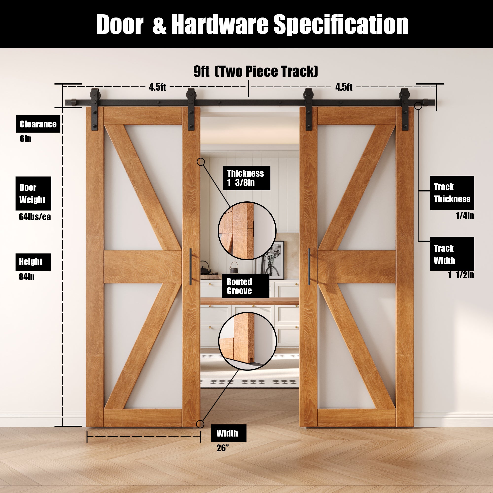 84" Height Early American Arrow Pattern Glass Double Unassembled & Finished Pine Wood Barn Doors with Non-Bypass Installation Hardware Kit (Interior Use Only)