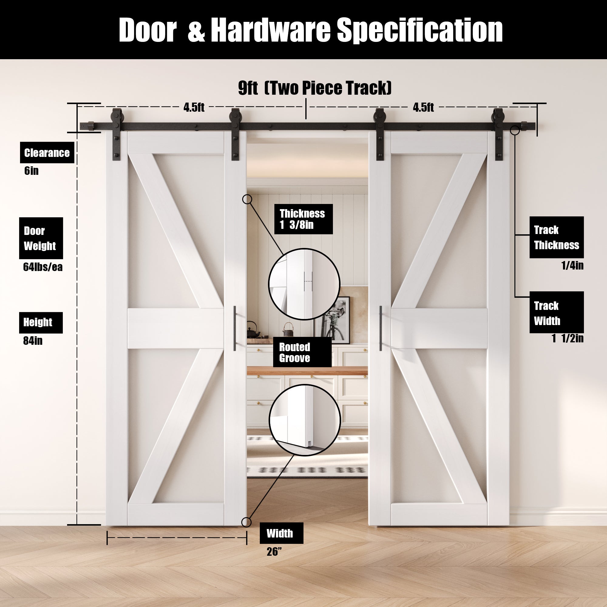84" Height White Arrow Pattern Glass Double Unassembled & Finished Pine Wood Barn Doors with Non-Bypass Installation Hardware Kit (Interior Use Only)
