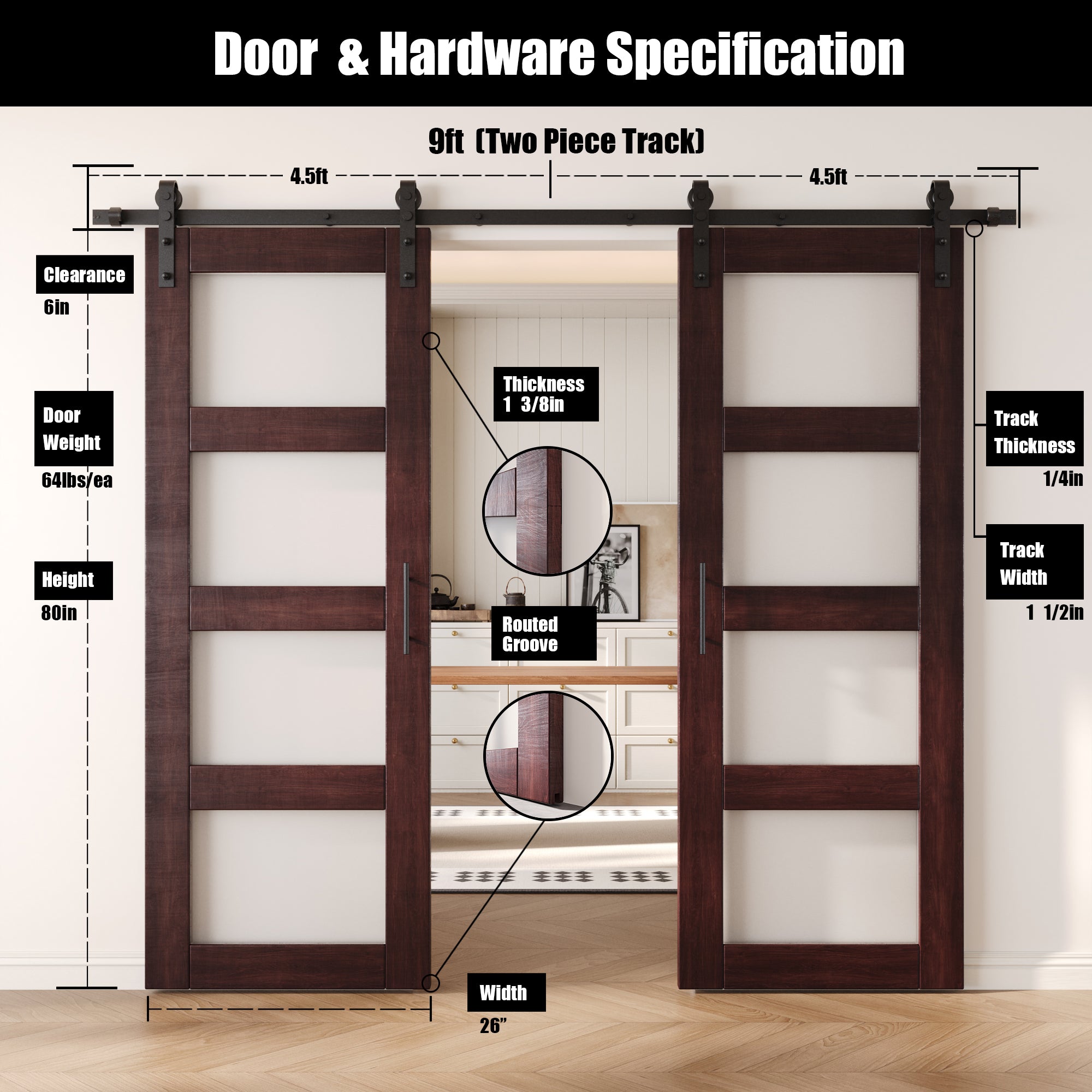 80" Height Red Mahogany 4-Lite Frosted Glass Double Unassembled & Finished Pine Wood Barn Doors with Non-Bypass Installation Hardware Kit (Interior Use Only)