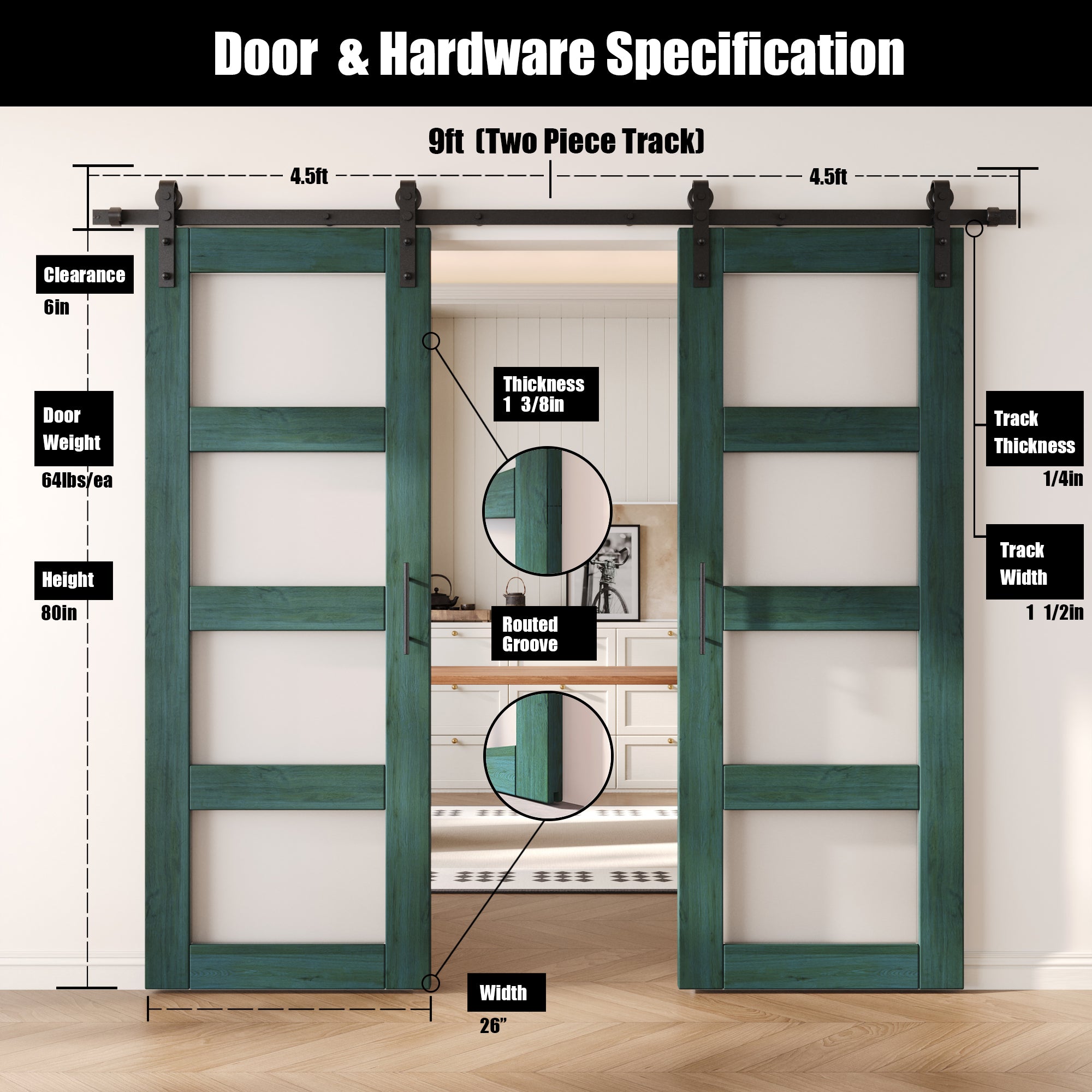 80" Height Royal Pine 4-Lite Frosted Glass Double Unassembled & Finished Pine Wood Barn Doors with Non-Bypass Installation Hardware Kit (Interior Use Only)