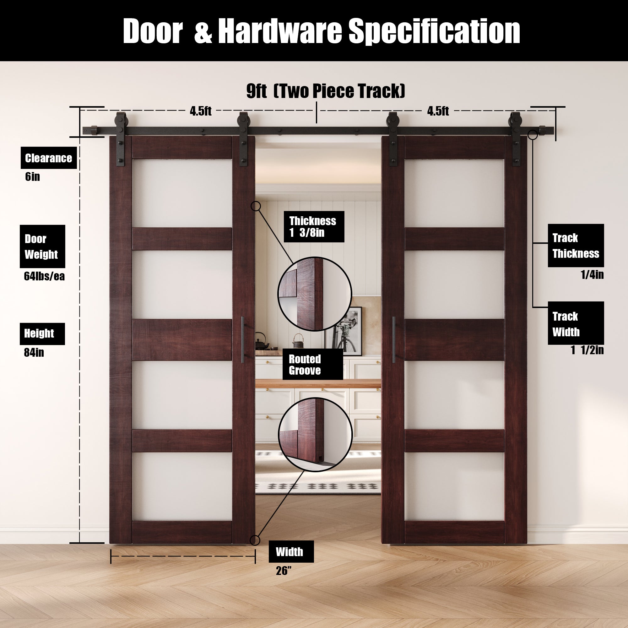 84" Height Red Mahogany 4-Lite Frosted Glass Double Unassembled & Finished Pine Wood Barn Doors with Non-Bypass Installation Hardware Kit (Interior Use Only)