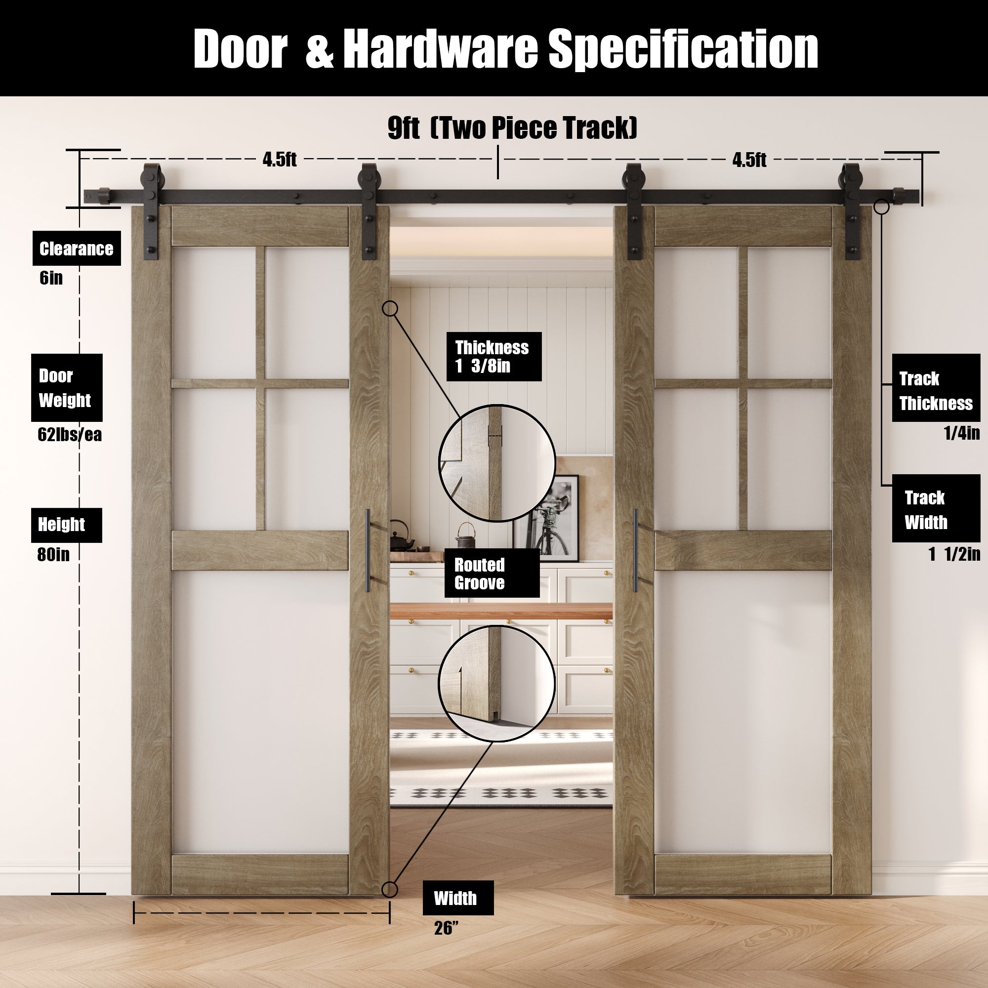 80" Height Classic Gray 5-Lite Frosted Glass Double Unassembled & Finished Pine Wood Barn Doors with Non-Bypass Installation Hardware Kit (Interior Use Only)