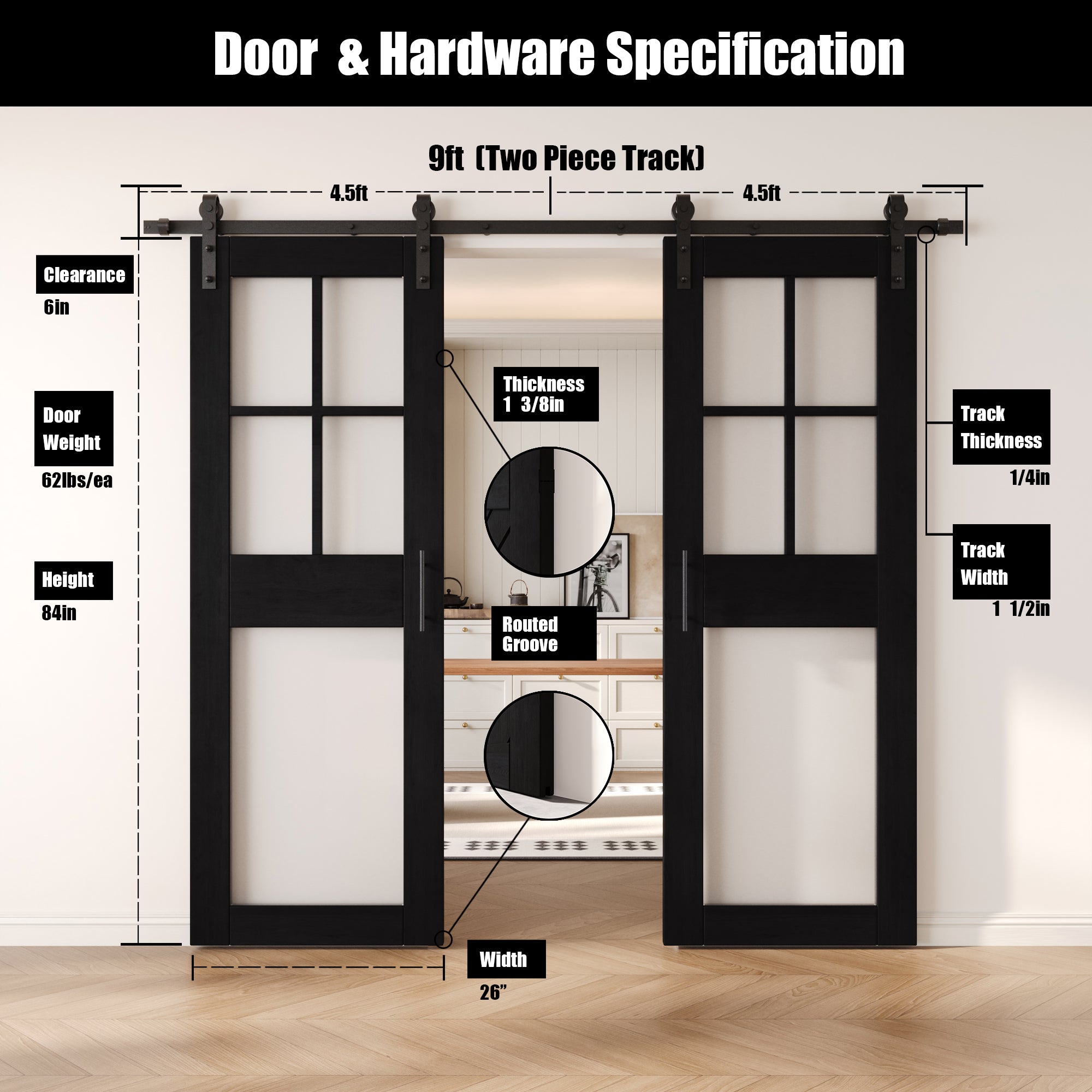 84" Height Black 5-Lite Frosted Glass Double Unassembled & Finished Pine Wood Barn Doors with Non-Bypass Installation Hardware Kit (Interior Use Only)