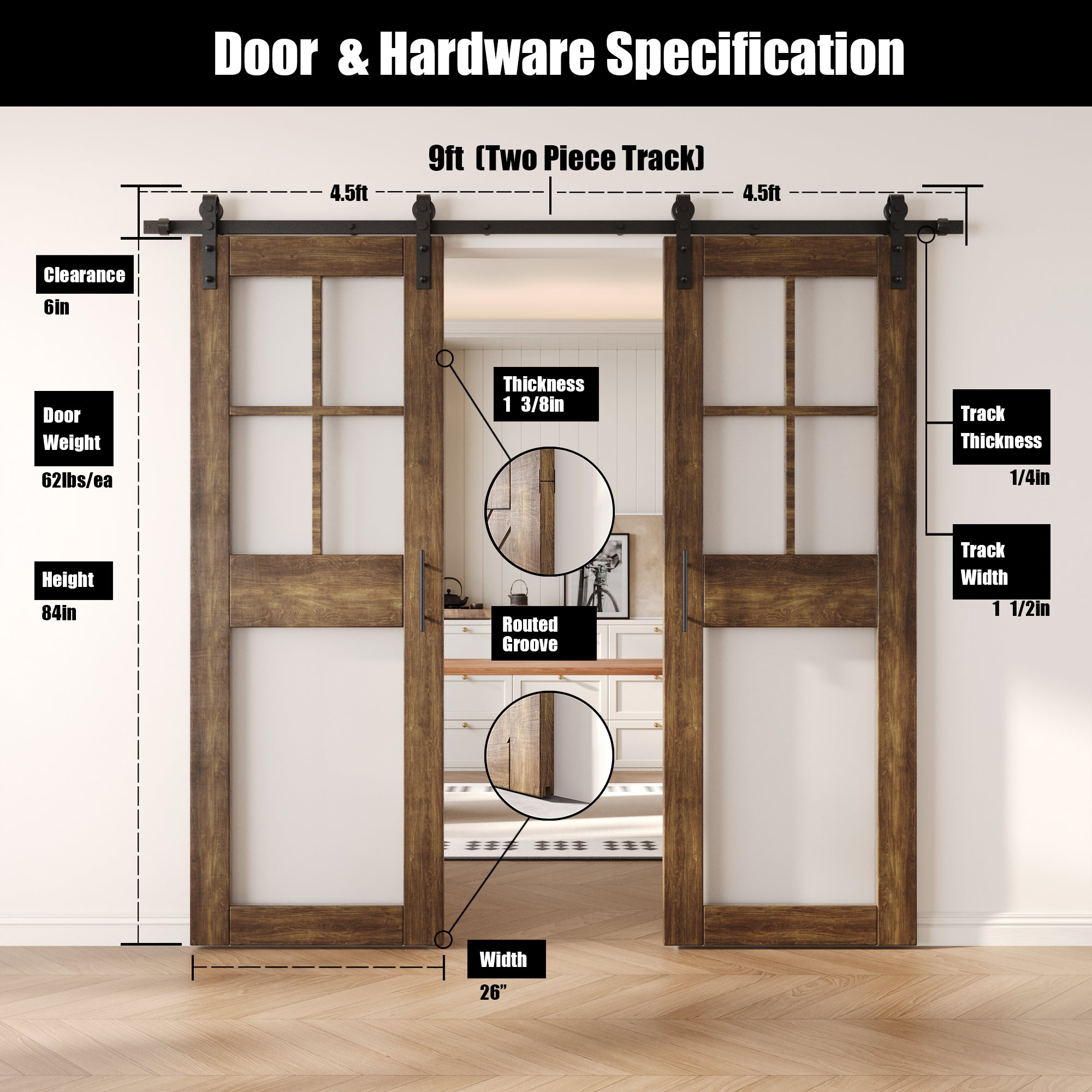 84" Height Dark Walnut 5-Lite Frosted Glass Double Unassembled & Finished Pine Wood Barn Doors with Non-Bypass Installation Hardware Kit (Interior Use Only)
