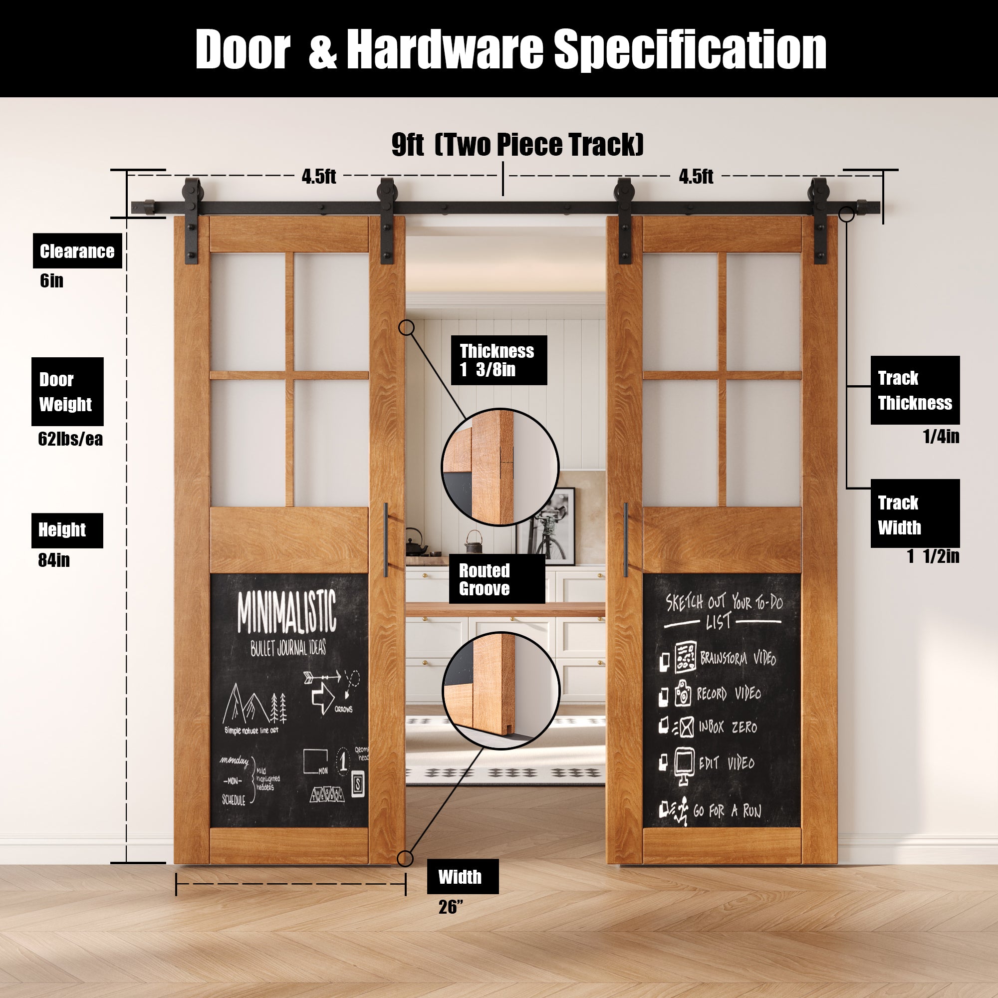 84" Height Early American Half Lite Chalkboard Double Unassembled & Finished Pine Wood Barn Doors with Non-Bypass Installation Hardware Kit (Interior Use Only)