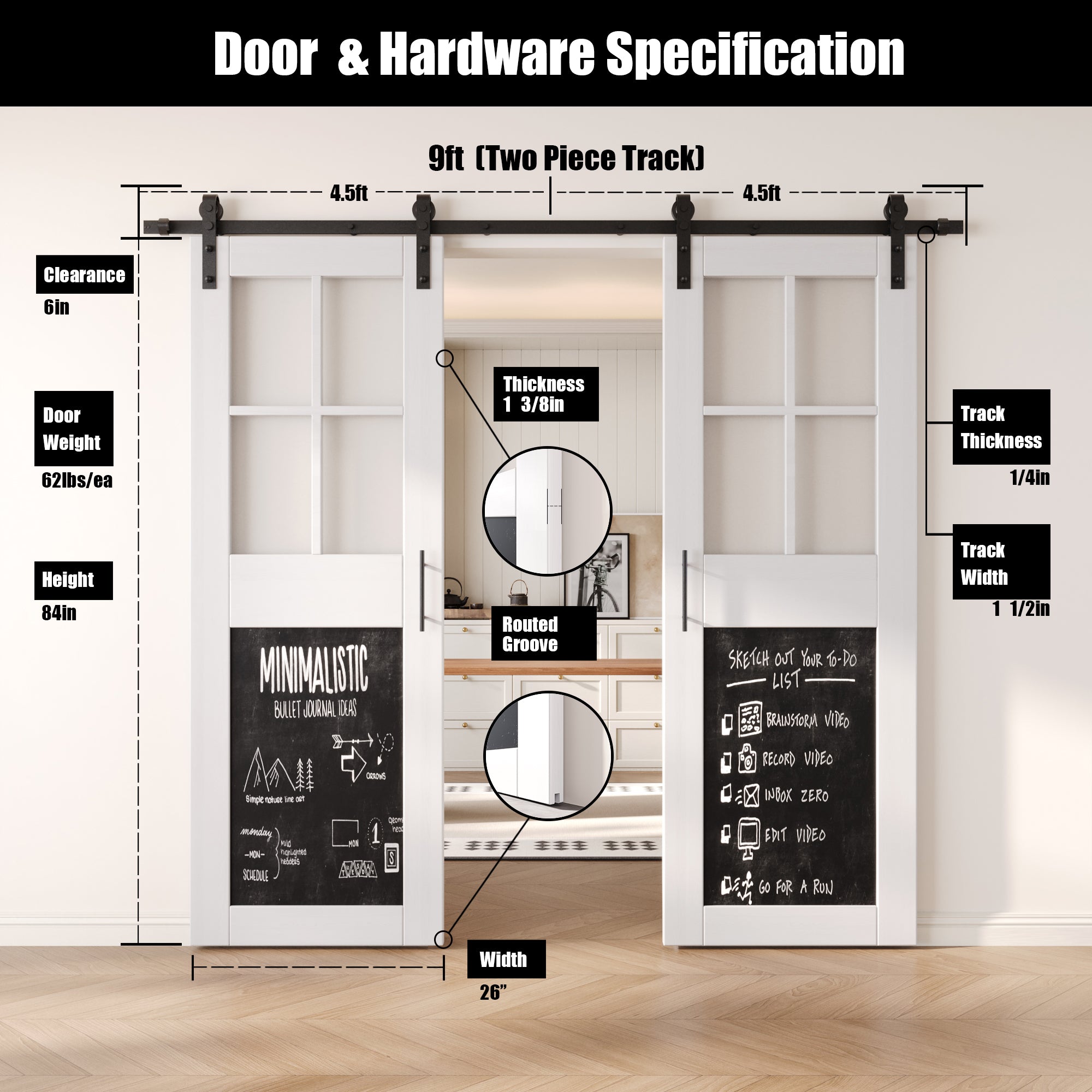 84" Height White Half Lite Chalkboard Double Unassembled & Finished Pine Wood Barn Doors with Non-Bypass Installation Hardware Kit (Interior Use Only)