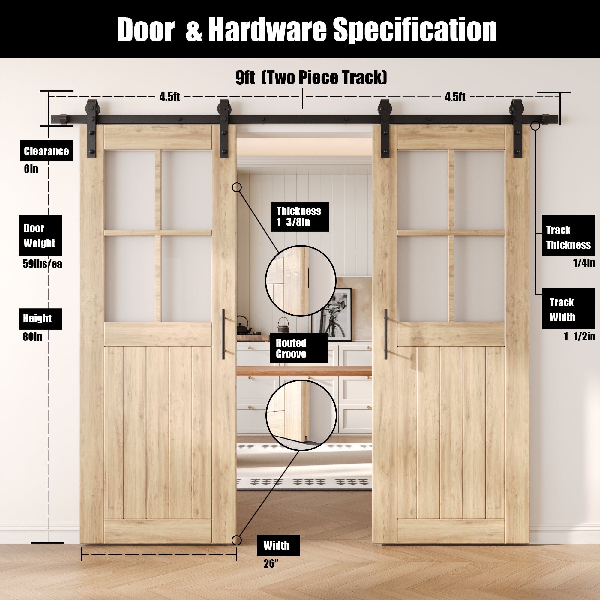 80" Height Half Lite Grid Glass Double Unassembled & Unfinished Pine Wood Barn Doors with Non-Bypass Installation Hardware Kit (Interior Use Only)