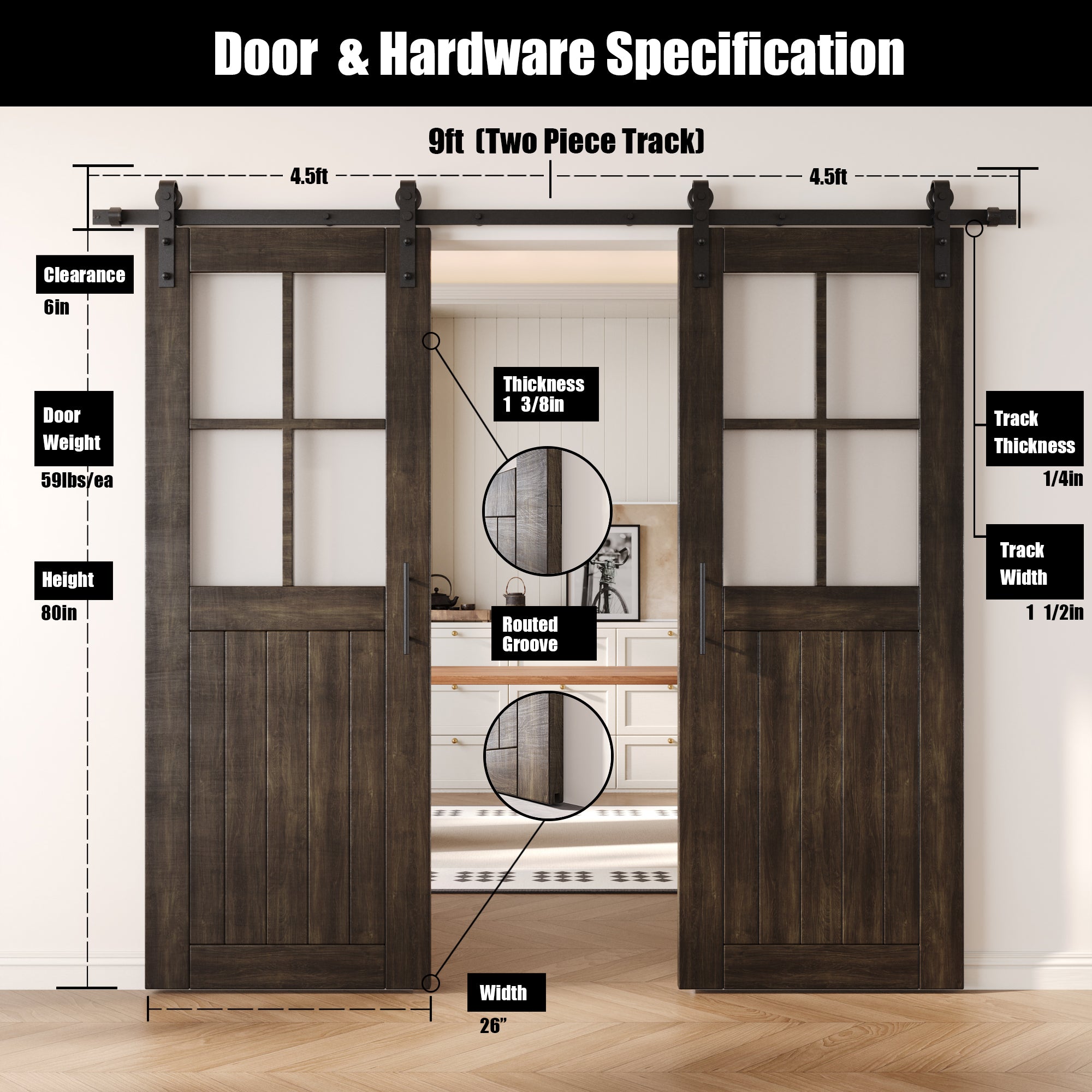 80" Height Ebony Half Lite Grid Glass Double Unassembled & Finished Pine Wood Barn Doors with Non-Bypass Installation Hardware Kit (Interior Use Only)