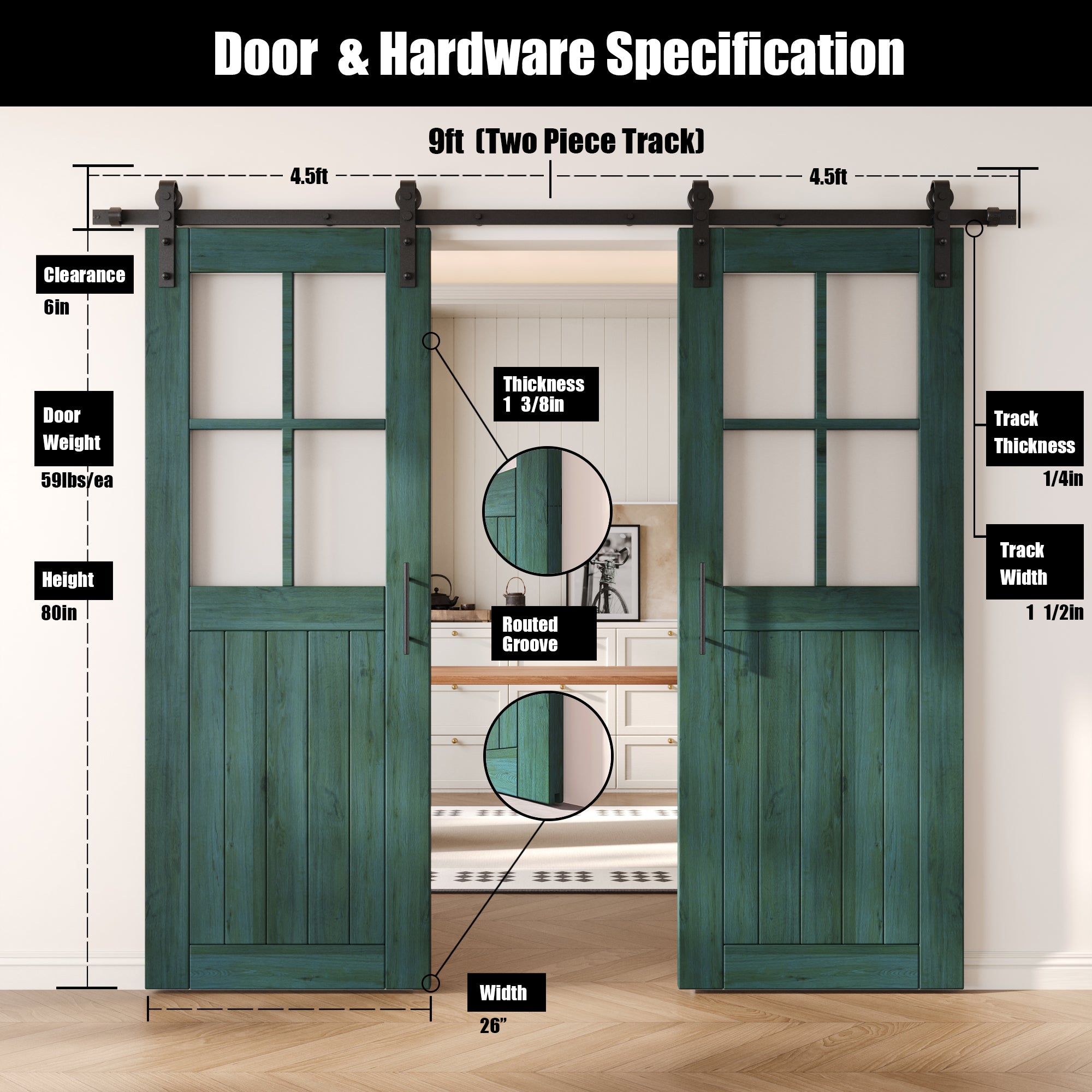 80" Height Royal Pine Half Lite Grid Glass Double Unassembled & Finished Pine Wood Barn Doors with Non-Bypass Installation Hardware Kit (Interior Use Only)