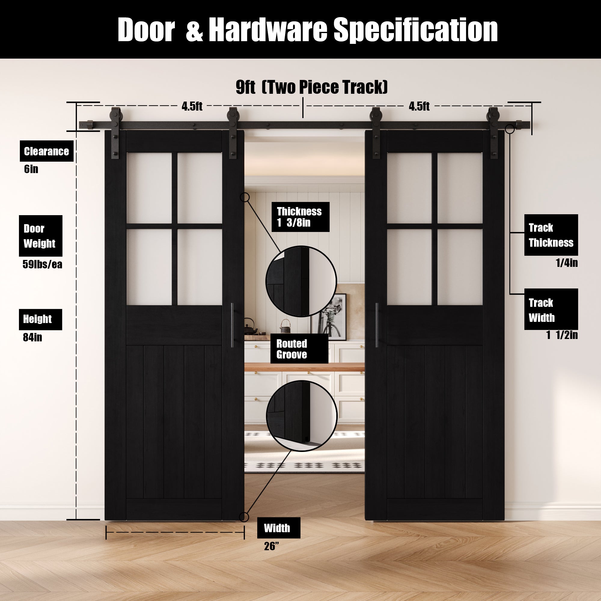 84" Height Black Half Lite Grid Glass Double Unassembled & Finished Pine Wood Barn Doors with Non-Bypass Installation Hardware Kit (Interior Use Only)