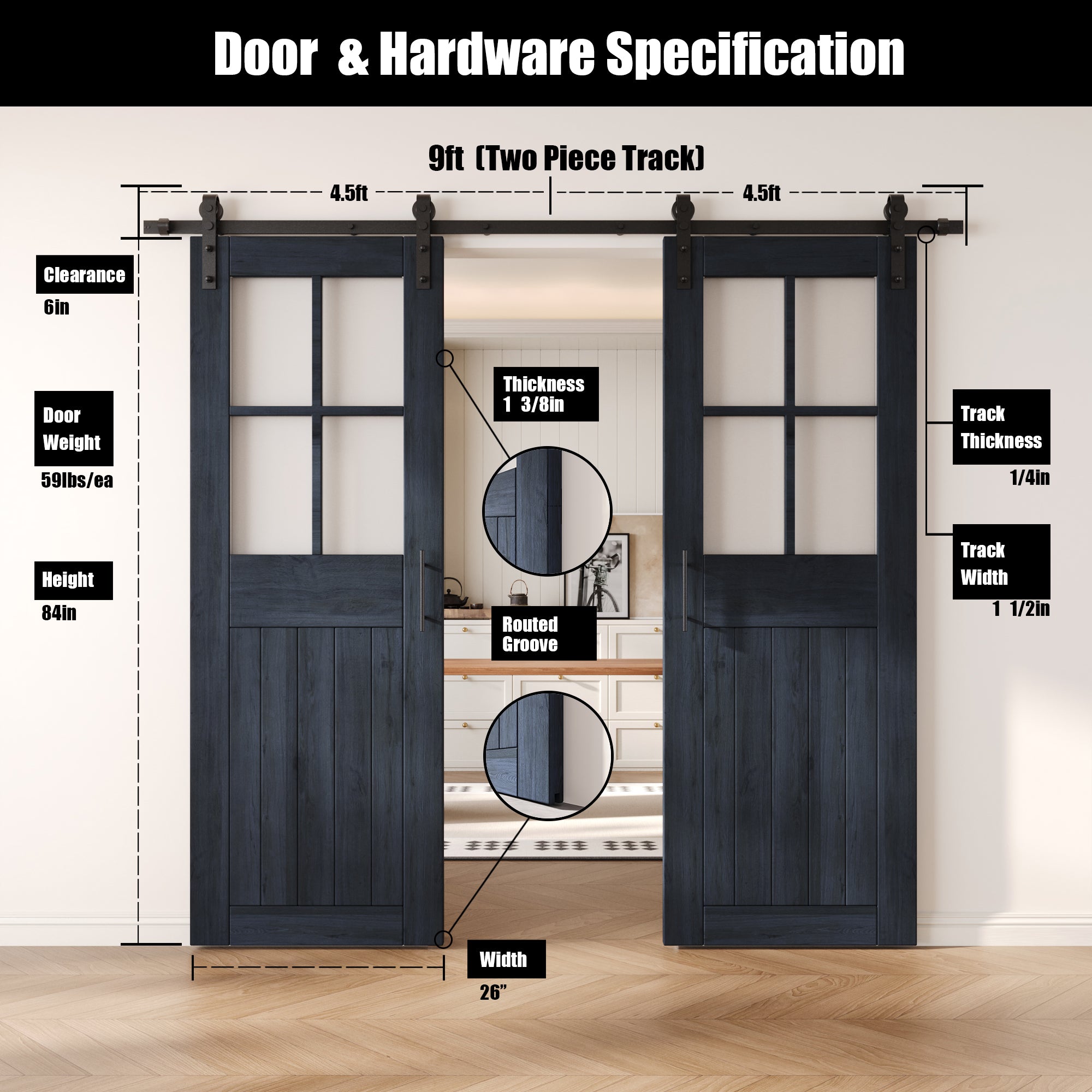 84" Height Navy Half Lite Grid Glass Double Unassembled & Finished Pine Wood Barn Doors with Non-Bypass Installation Hardware Kit (Interior Use Only)