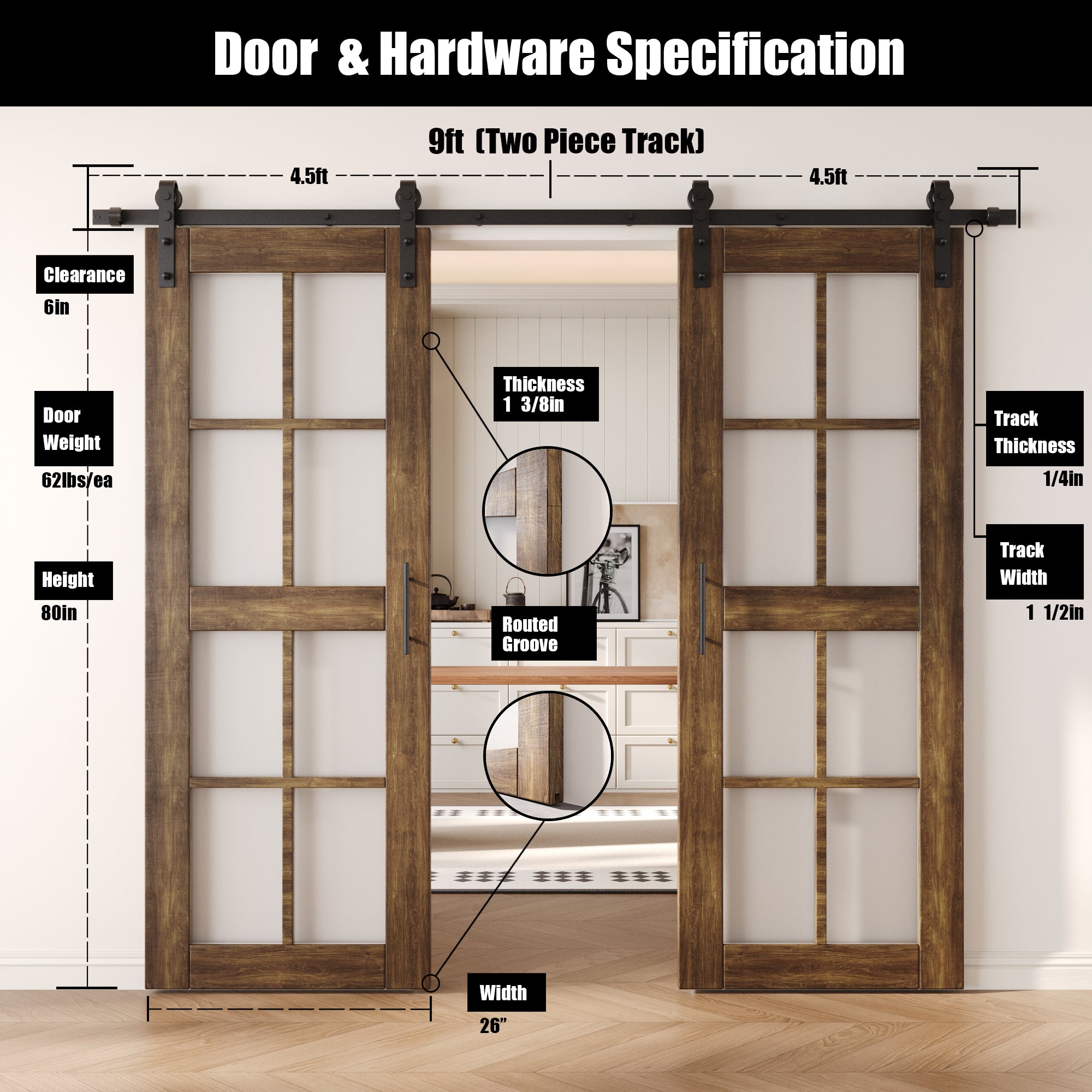 80" Height Dark Walnut 8-Lite Frosted Glass Double Unassembled & Finished Pine Wood Barn Doors with Non-Bypass Installation Hardware Kit (Interior Use Only)