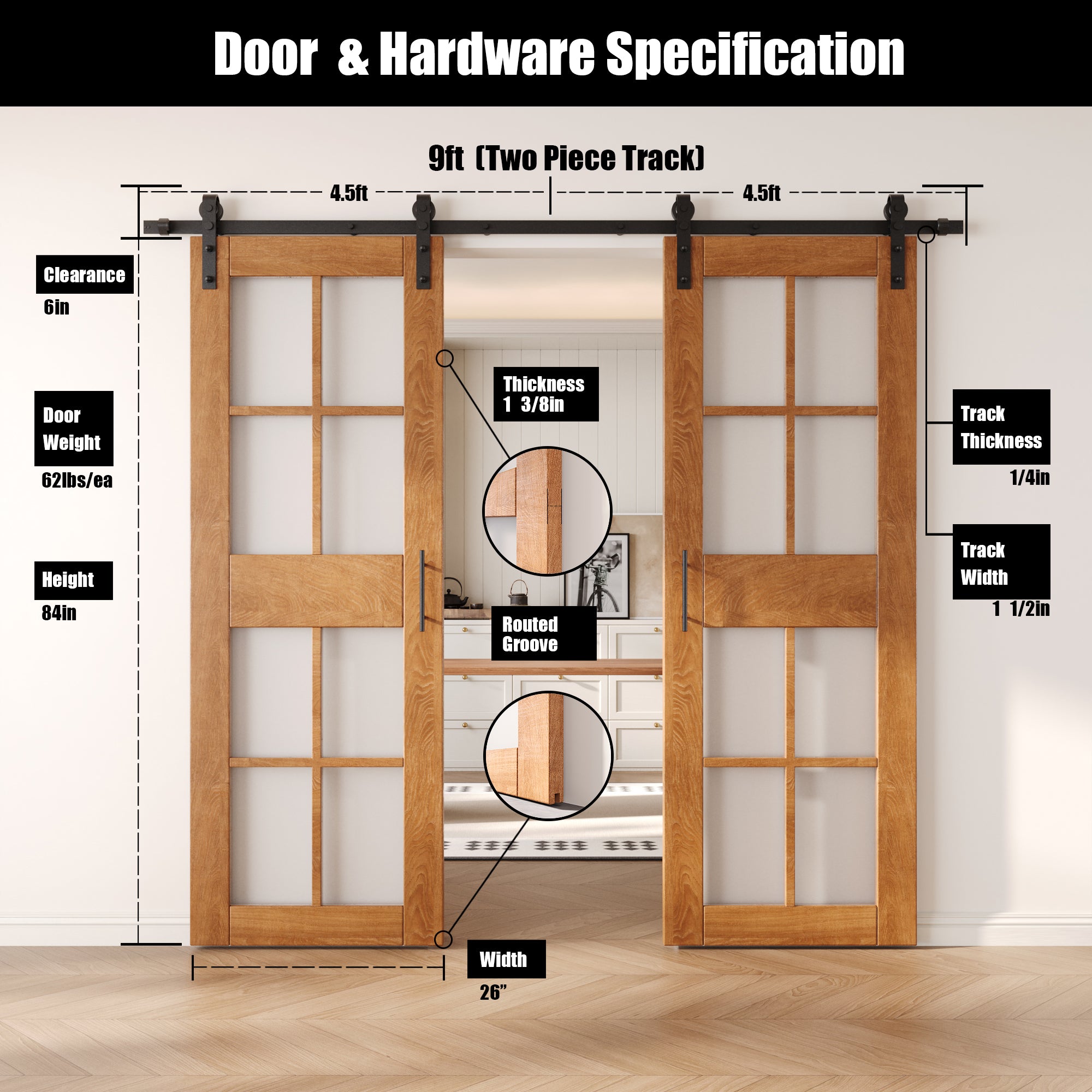 84" Height Early American 8-Lite Frosted Glass Double Unassembled & Finished Pine Wood Barn Doors with Non-Bypass Installation Hardware Kit (Interior Use Only)