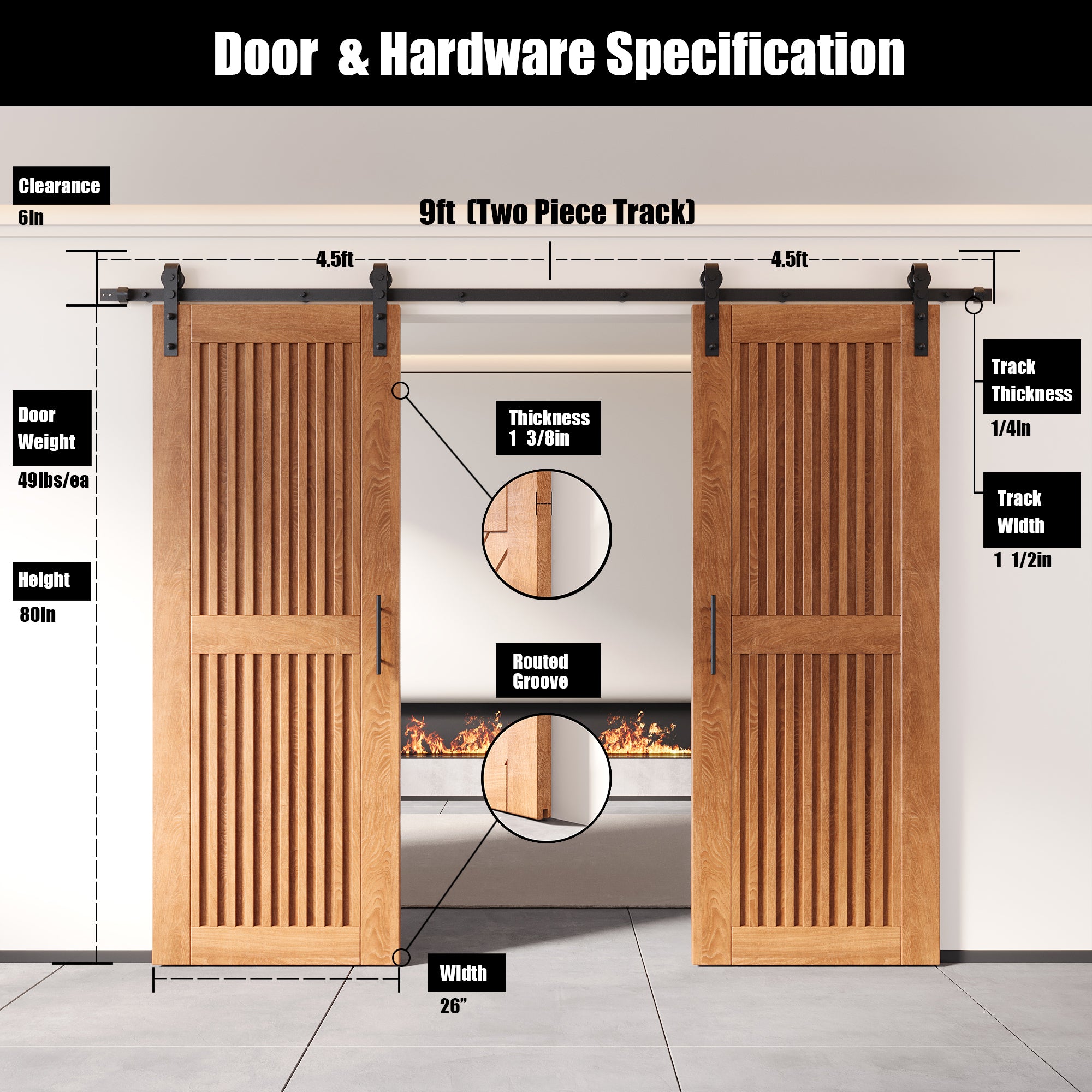 80" Height Early American Vertical Stripe Design Unassembled & Finished Double Pine Wood Barn Door with Non-Bypass Installation Hardware Kit(Interior Use Only)