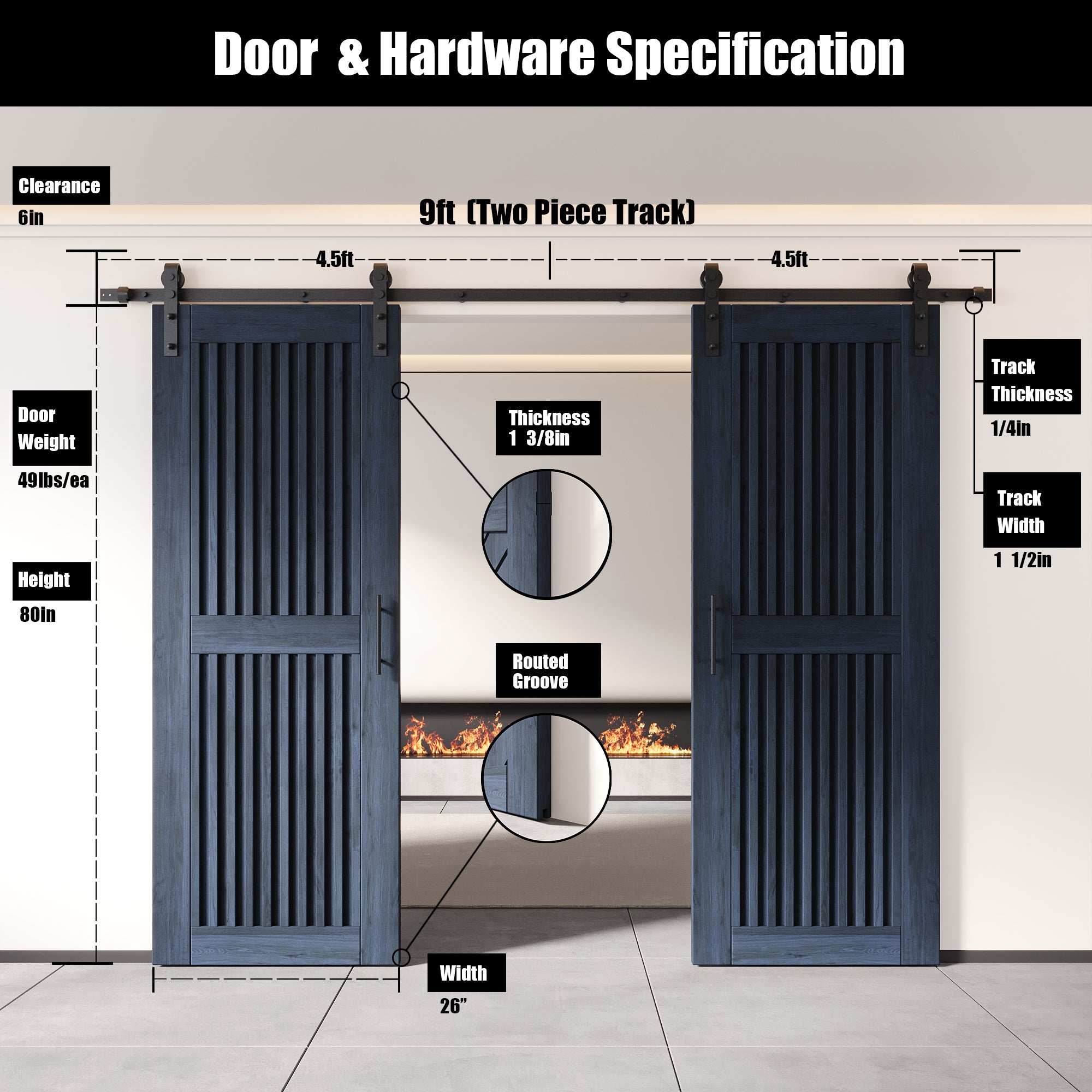 80" Height Navy Vertical Stripe Design Unassembled & Finished Double Pine Wood Barn Door with Non-Bypass Installation Hardware Kit(Interior Use Only)