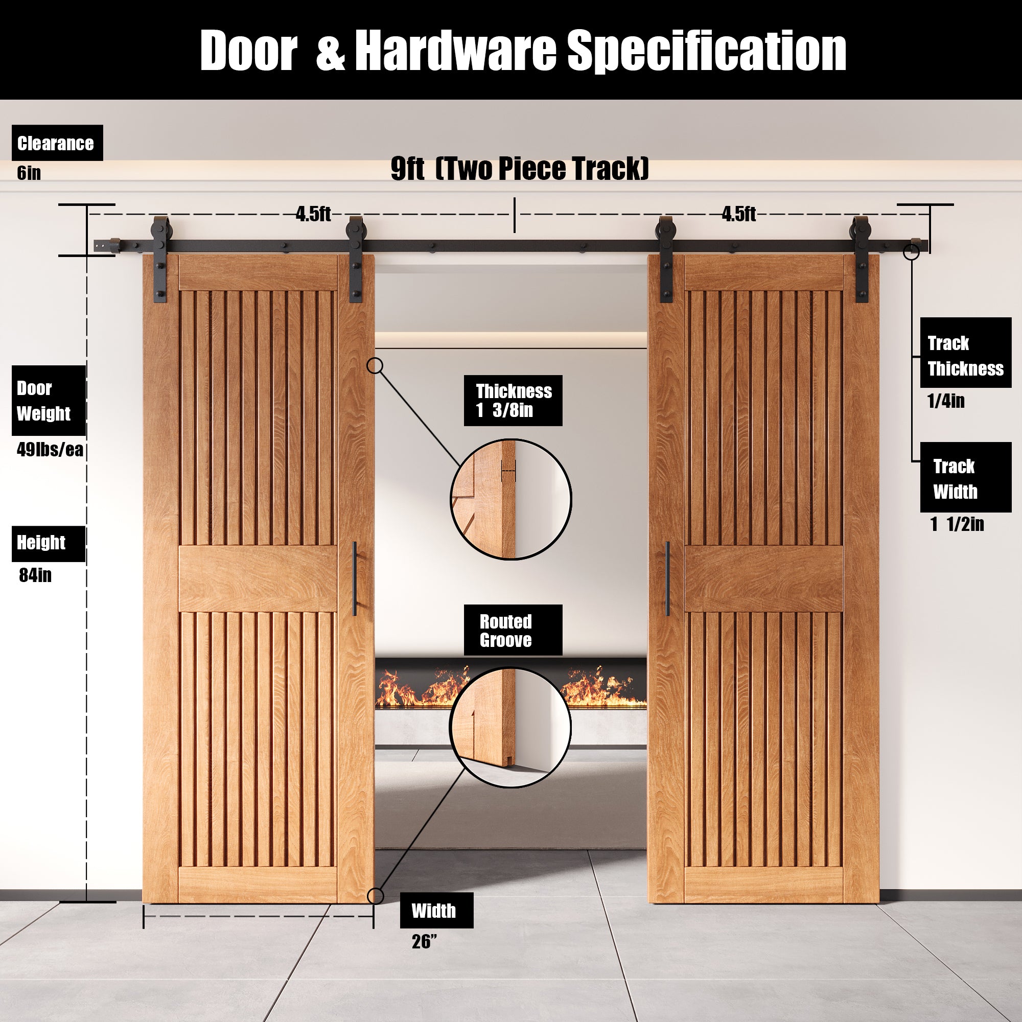 84" Height Early American Vertical Stripe Design Unassembled & Finished Double Pine Wood Barn Door with Non-Bypass Installation Hardware Kit(Interior Use Only)