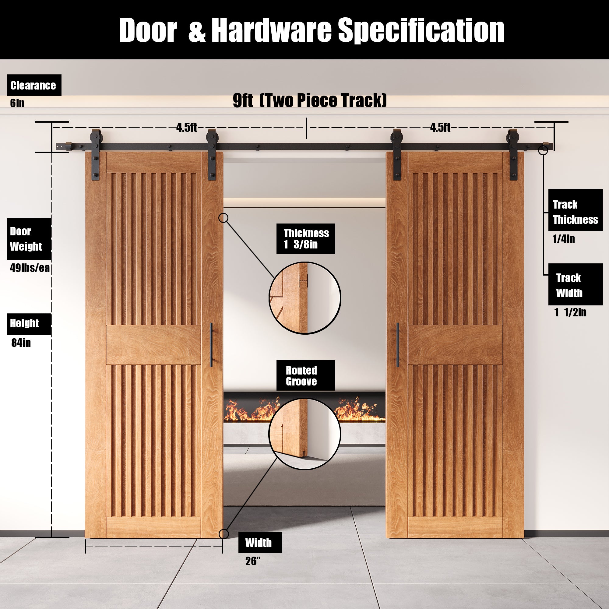 84" Height Early American Vertical Stripe Design Unassembled & Finished Double Pine Wood Barn Door with Non-Bypass Installation Hardware Kit(Interior Use Only)