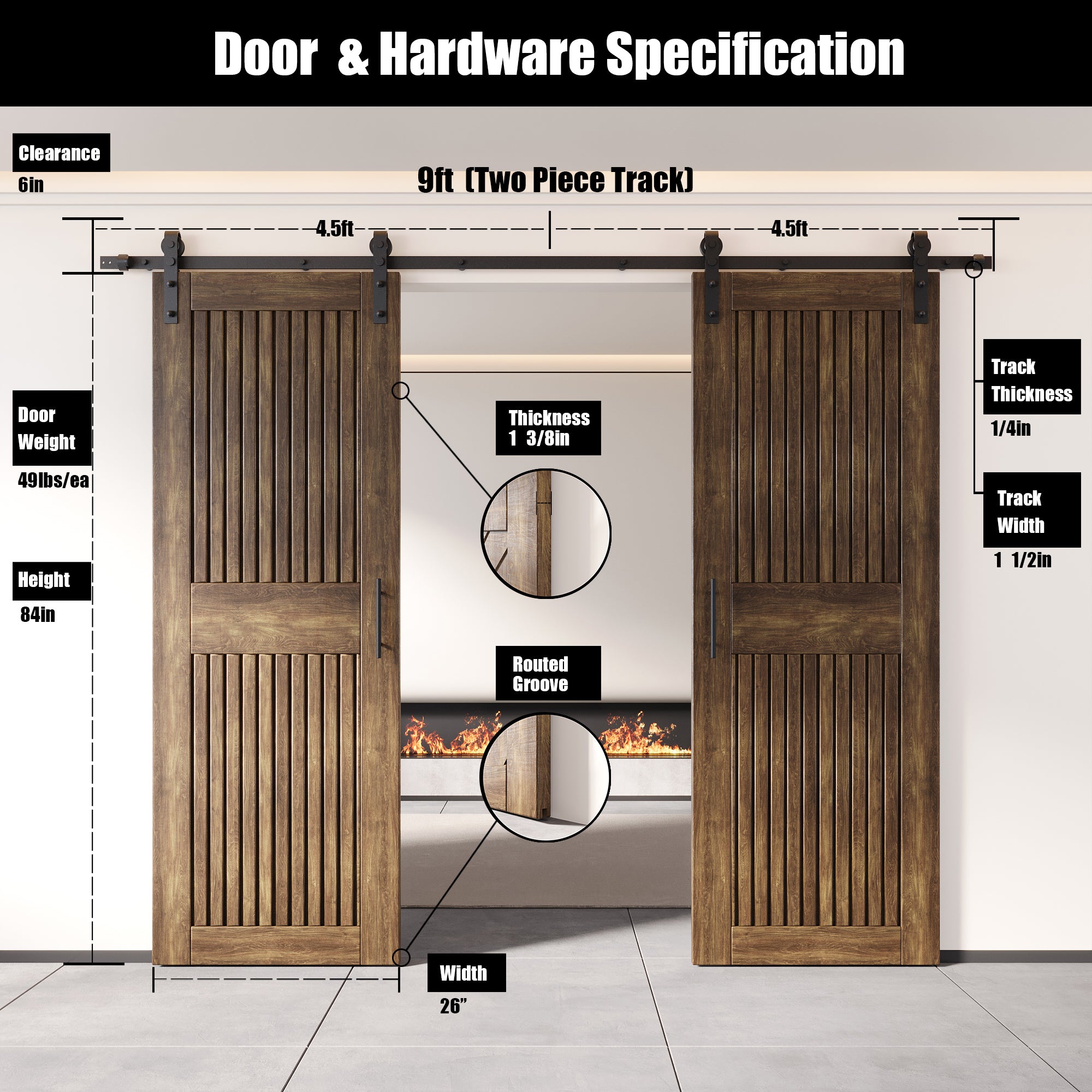 84" Height Dark Walnut Vertical Stripe Design Unassembled & Finished Double Pine Wood Barn Door with Non-Bypass Installation Hardware Kit(Interior Use Only)