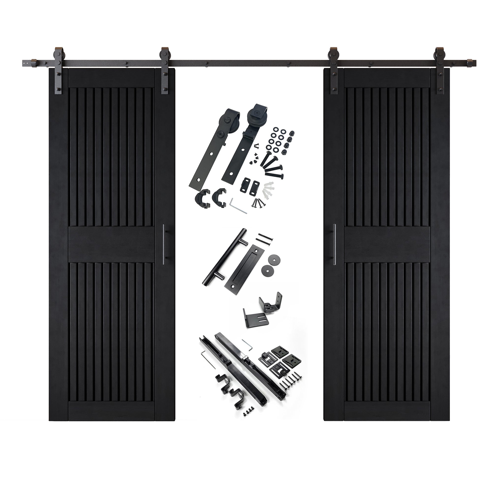 84" Height Black Vertical Stripe Design Unassembled & Finished Double Pine Wood Barn Door with Non-Bypass Installation Hardware Kit(Interior Use Only)