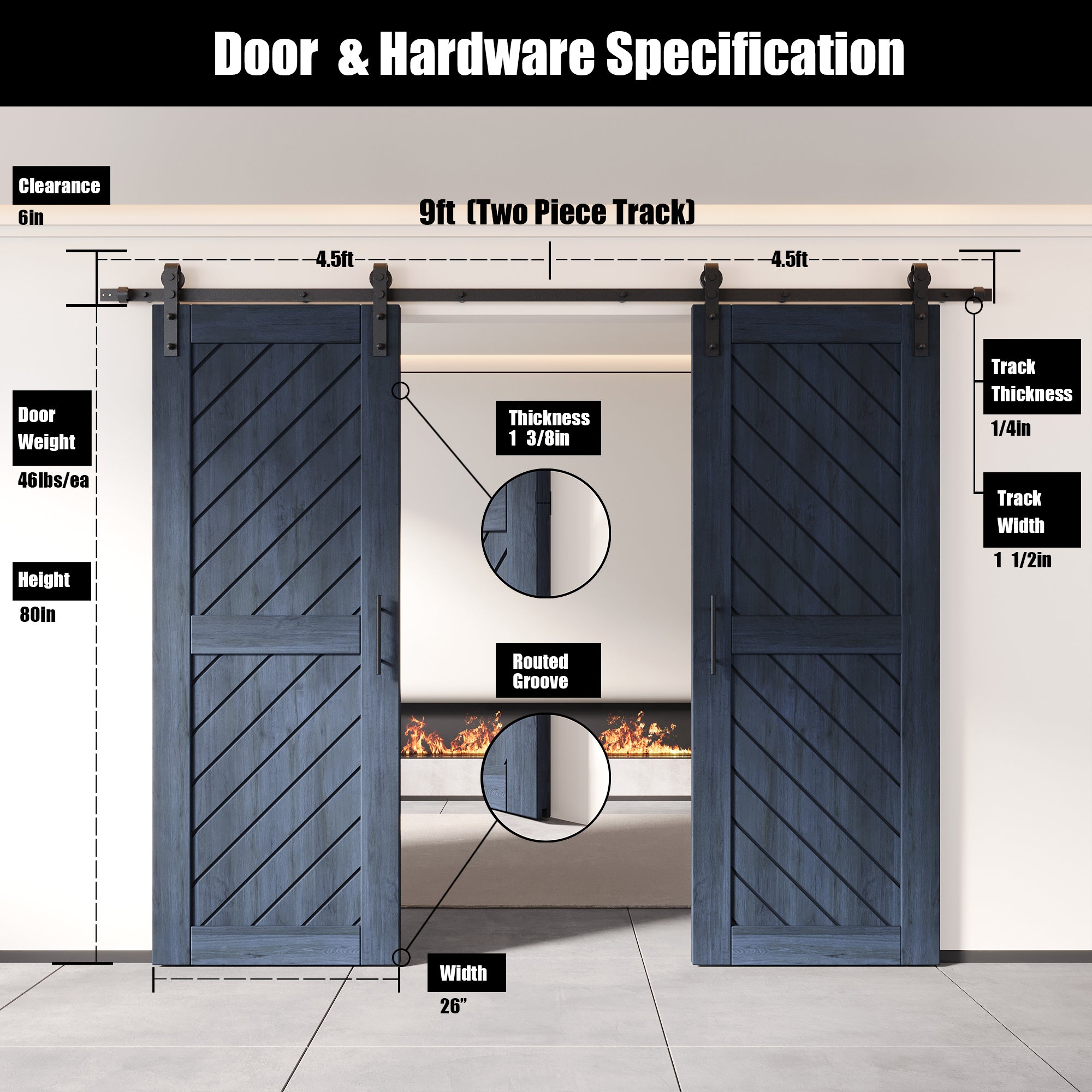 80-inch slanted stripe double barn door, navy finish
