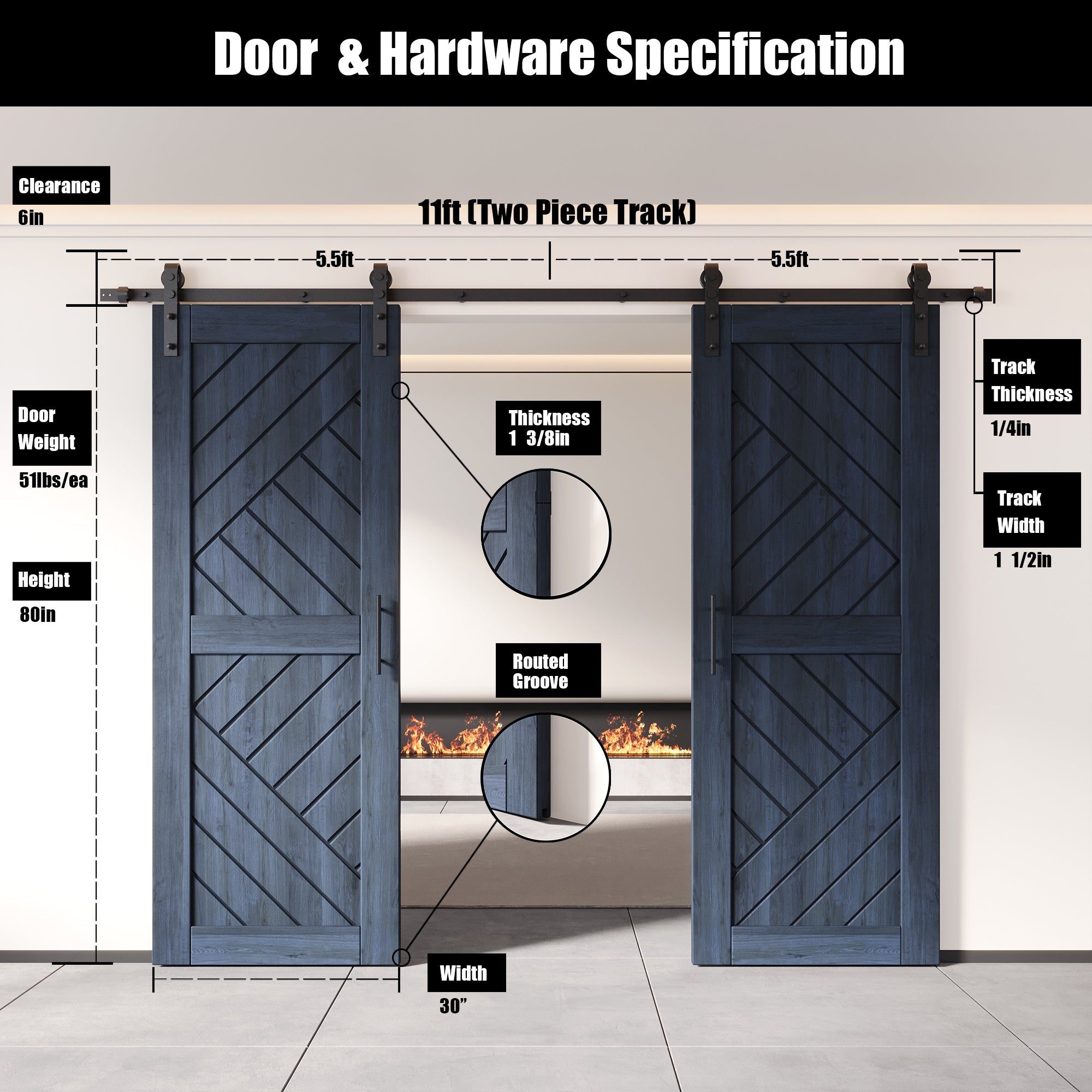 modern navy finish geometric design barn door with hardware kit