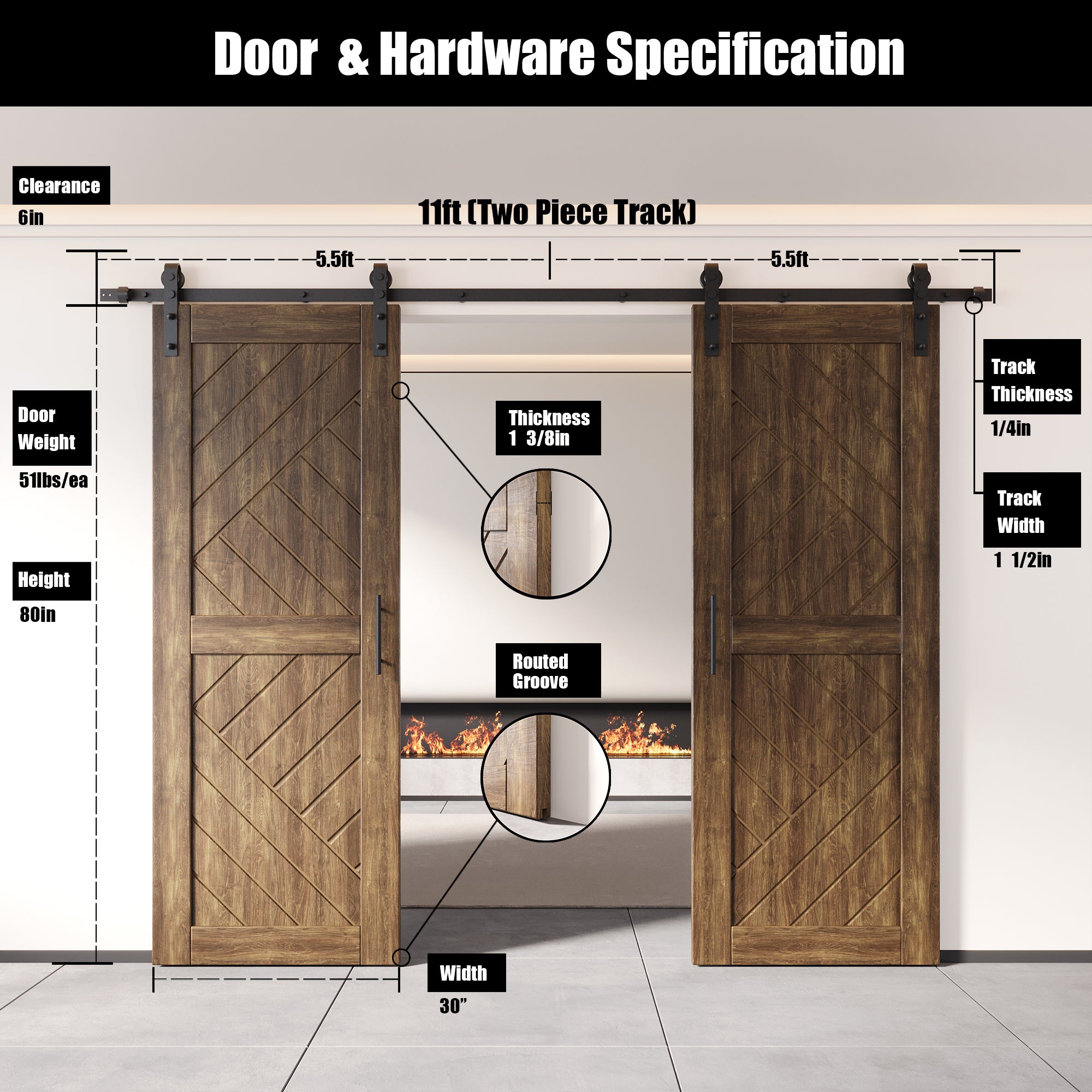 double barn doors with single track non bypass hardware kit, dark walnut finish