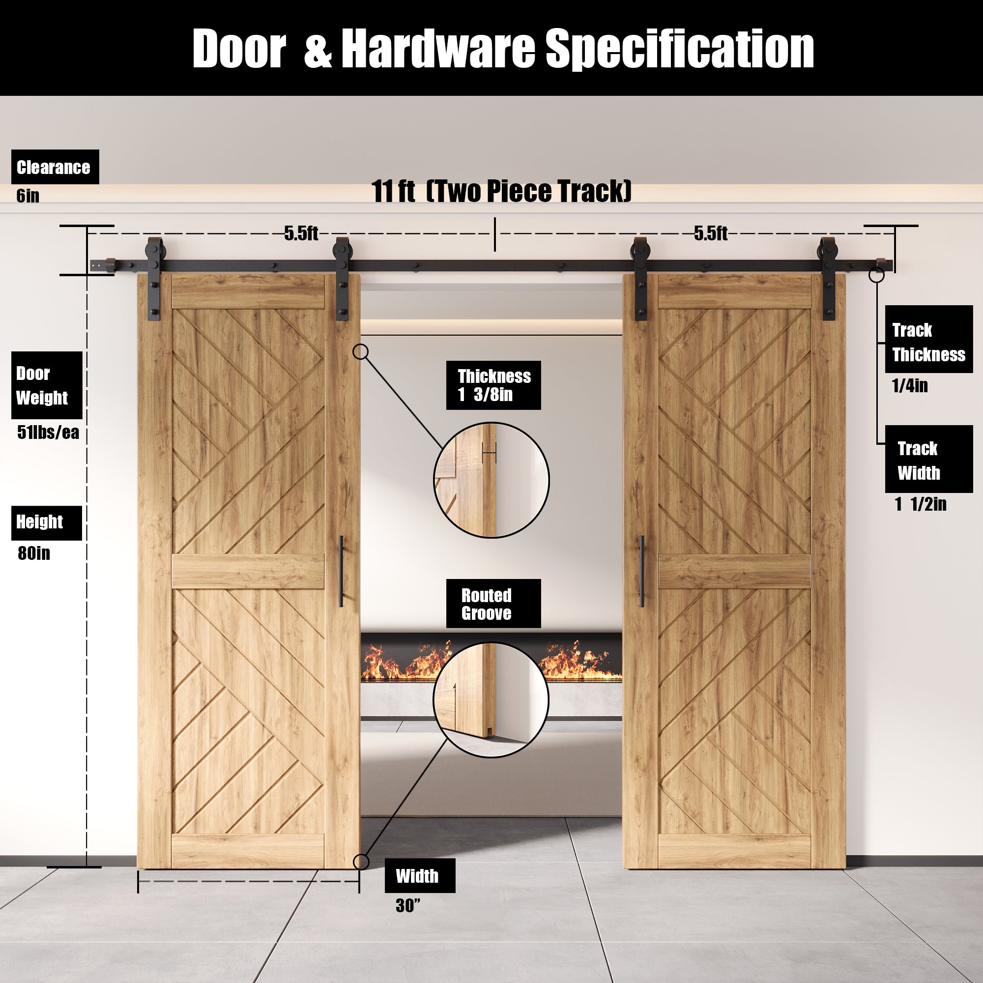 80" Height Geometric Design Unassembled & Unfinished Double Pine Wood Barn Door with Non-Bypass Installation Hardware Kit(Interior Use Only)