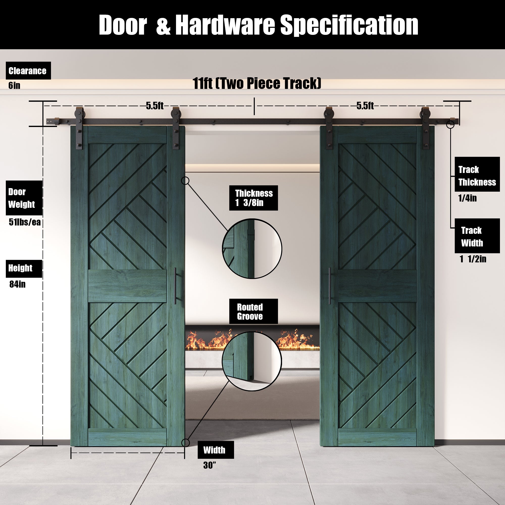 84" Height Royal Pine Geometric Design Unassembled & Finished Double Pine Wood Barn Door with Non-Bypass Installation Hardware Kit(Interior Use Only)