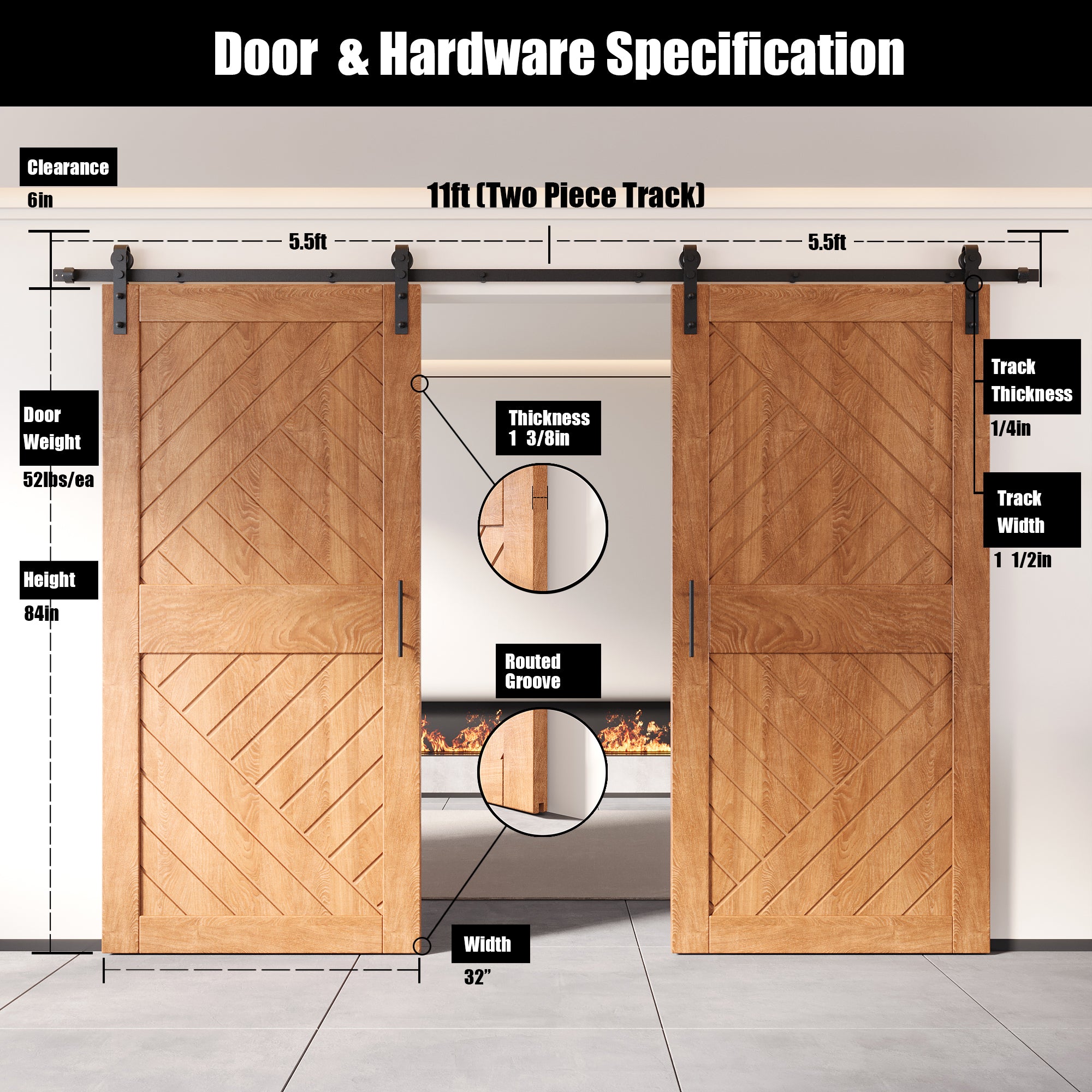 84" Height Early American Geometric Design Unassembled & Finished Double Pine Wood Barn Door with Non-Bypass Installation Hardware Kit(Interior Use Only)