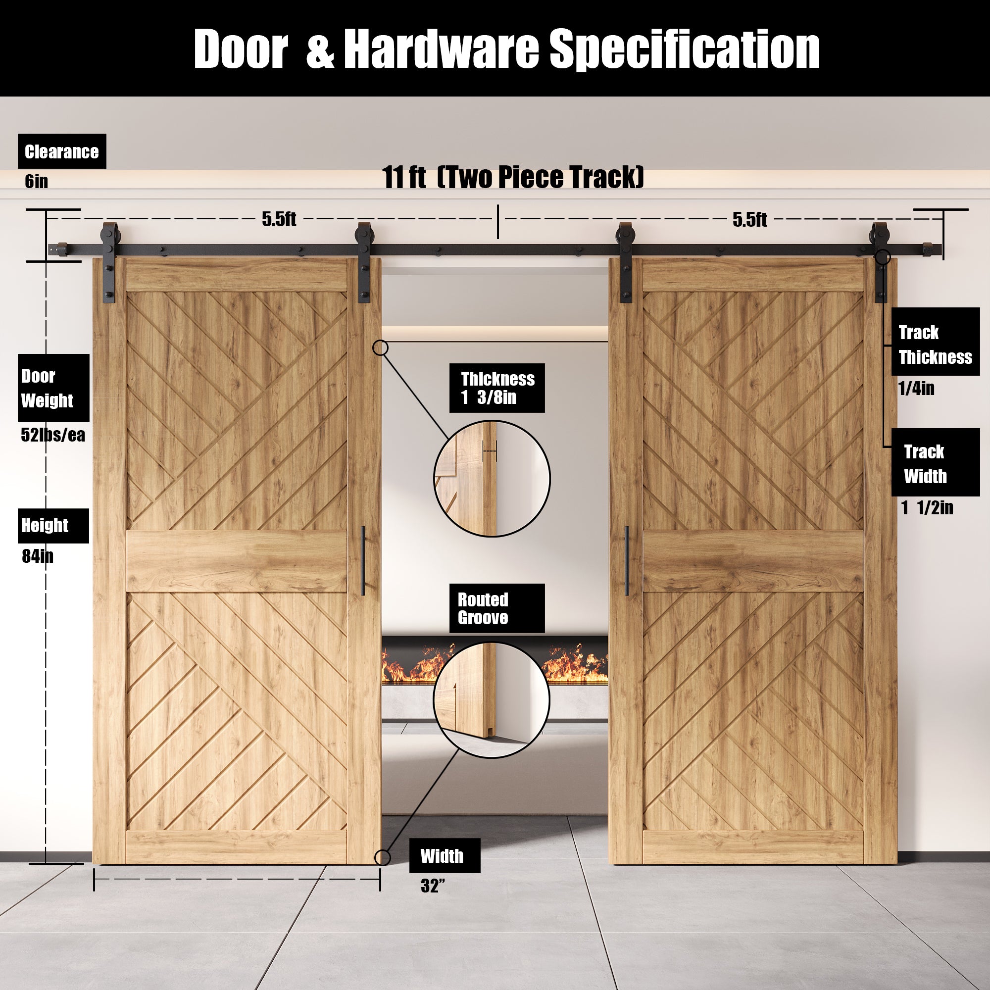 84" Height Geometric Design Unassembled & Unfinished Double Pine Wood Barn Door with Non-Bypass Installation Hardware Kit(Interior Use Only)