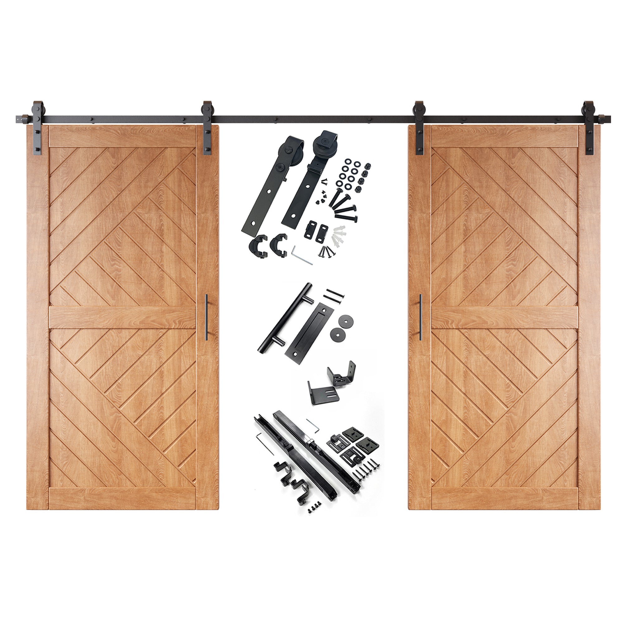 early american finish barn door modern geometric design, double barn doors, single track non bypass hardware kit