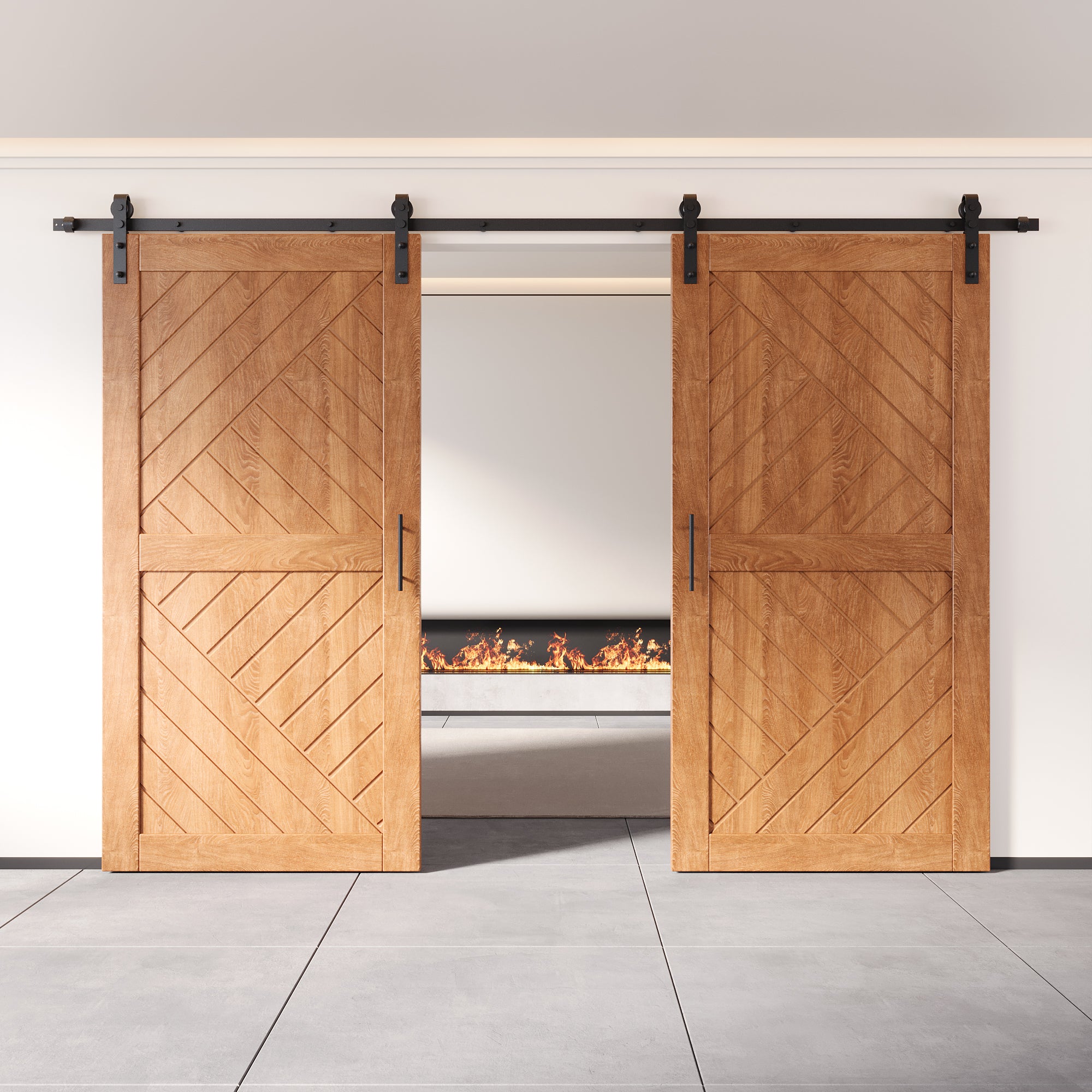 early american finish barn door modern geometric design, double barn doors, single track non bypass hardware kit