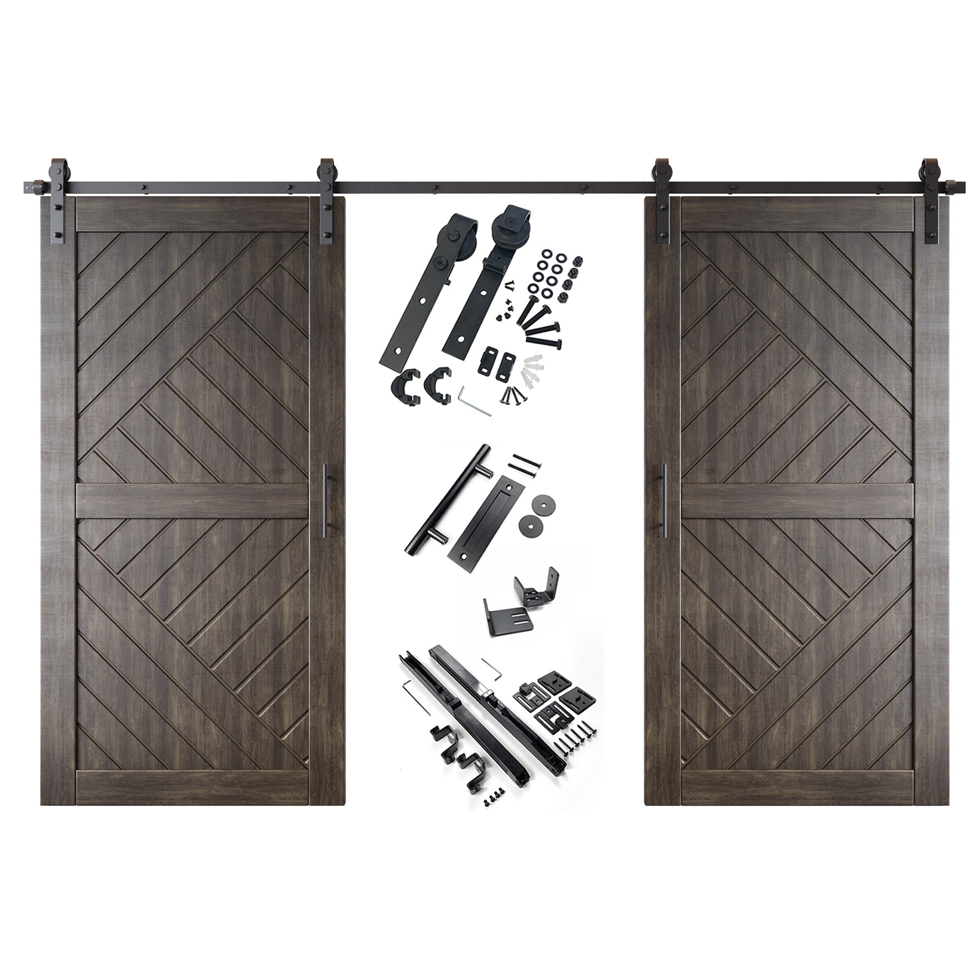 ebony finish barn door modern geometric design, double barn doors, single track non bypass hardware kit