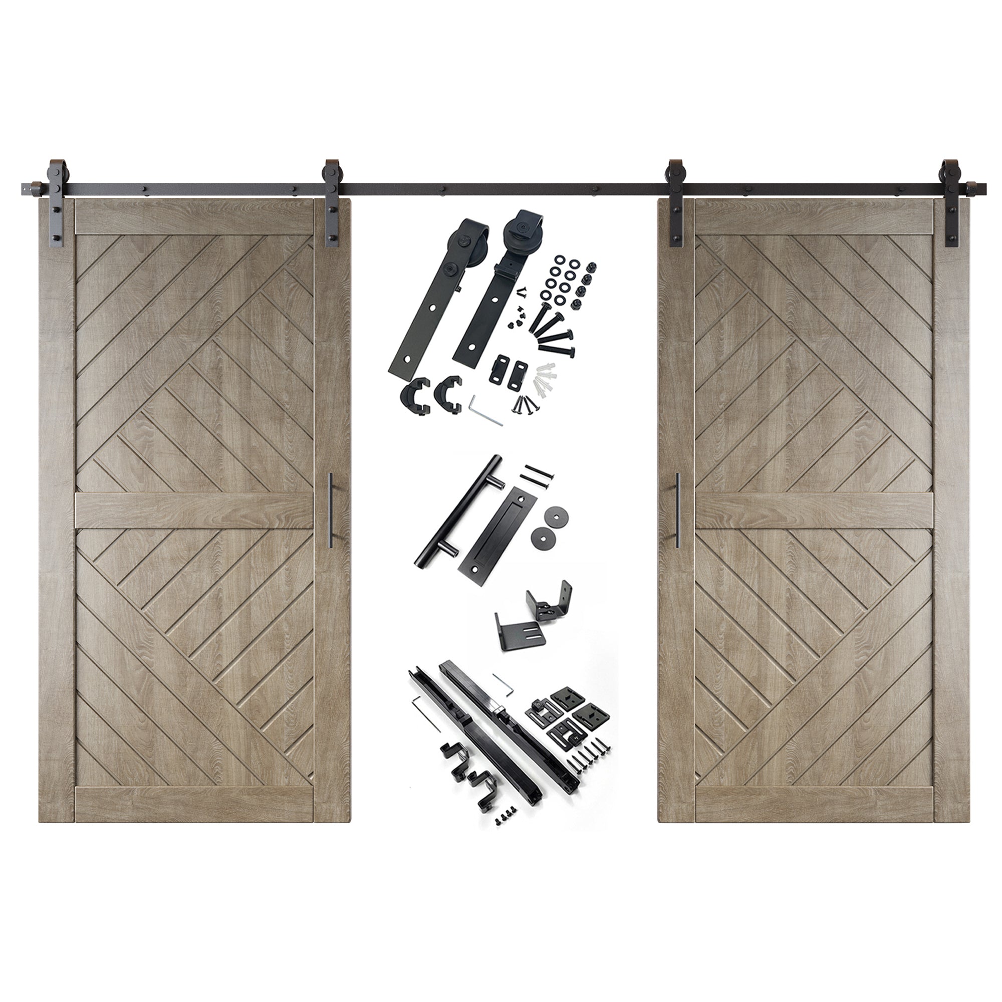 classic gray modern barn door two doors, hardware kit, single track non-bypass kit, door handle, soft close, floor guide