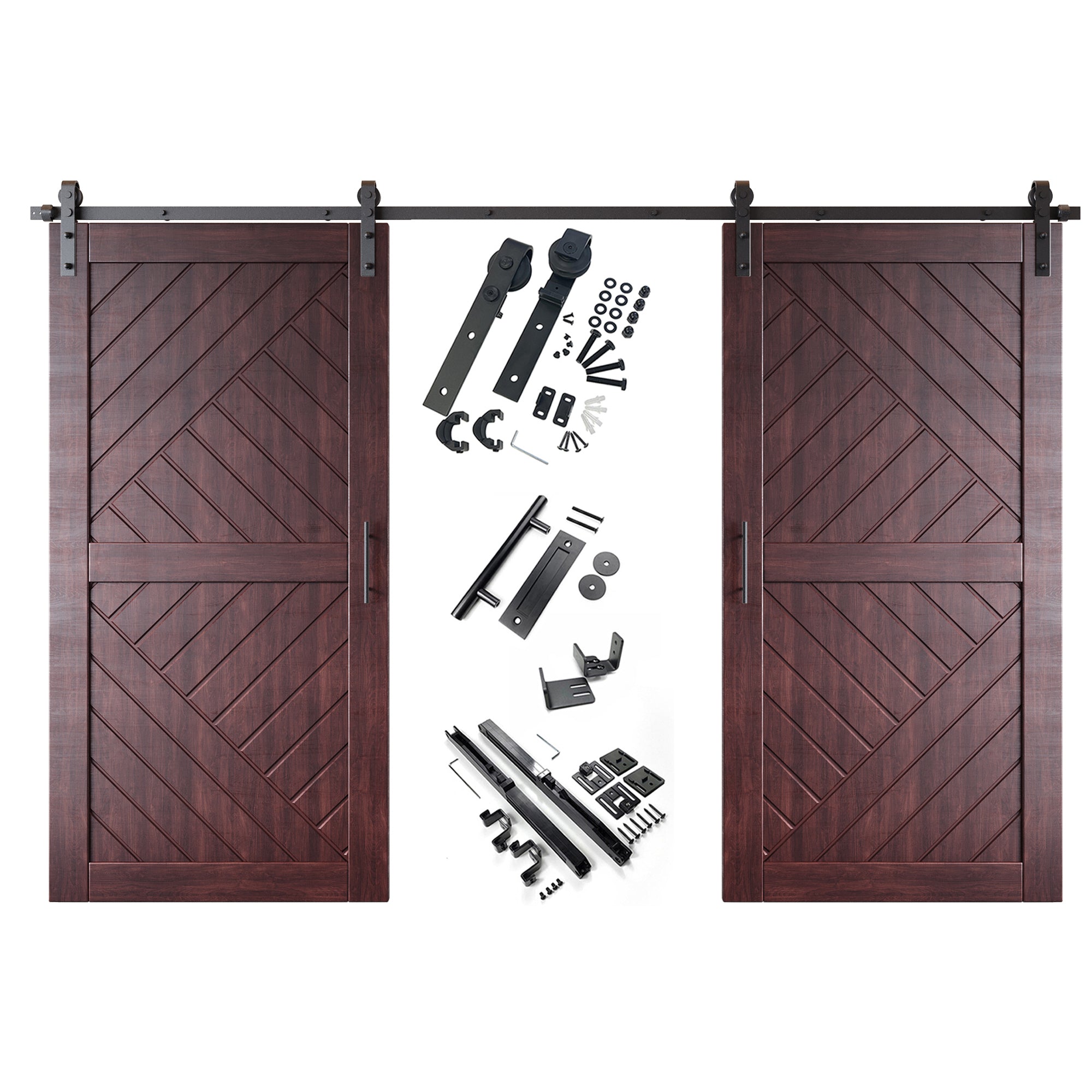 modern red mahogany finish barn door with hardware kit, door handle, soft close, floor guide