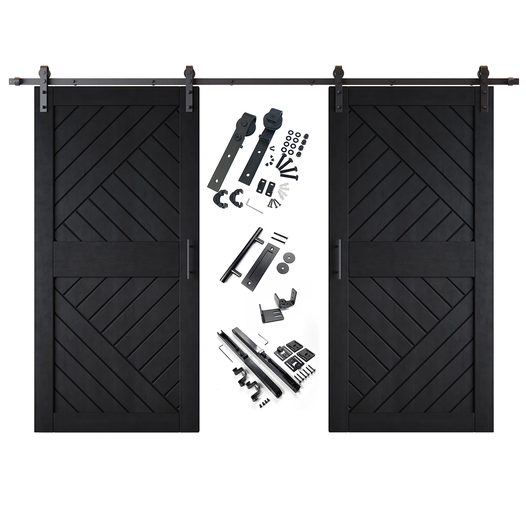 84" Height Black Geometric Design Unassembled & Finished Double Pine Wood Barn Door with Non-Bypass Installation Hardware Kit(Interior Use Only)