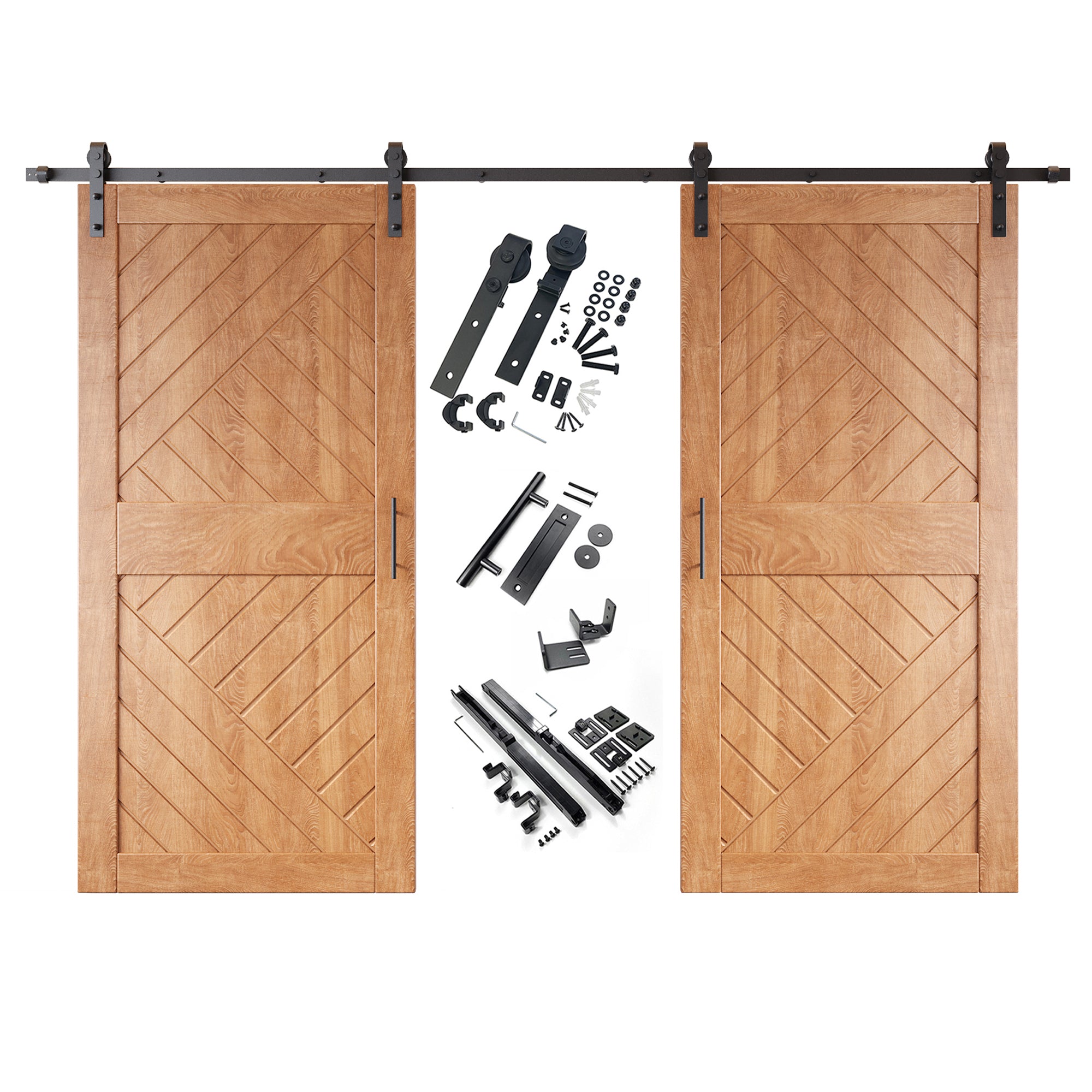 84" Height Early American Geometric Design Unassembled & Finished Double Pine Wood Barn Door with Non-Bypass Installation Hardware Kit(Interior Use Only)