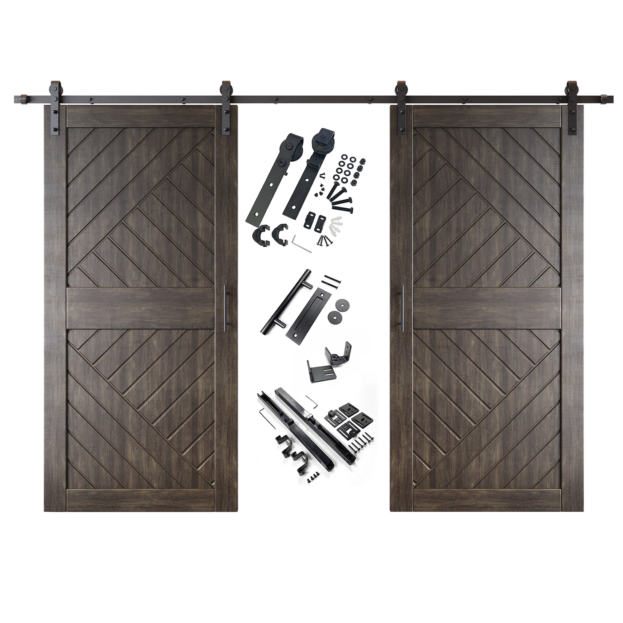 84" Height Ebony Geometric Design Unassembled & Finished Double Pine Wood Barn Door with Non-Bypass Installation Hardware Kit(Interior Use Only)